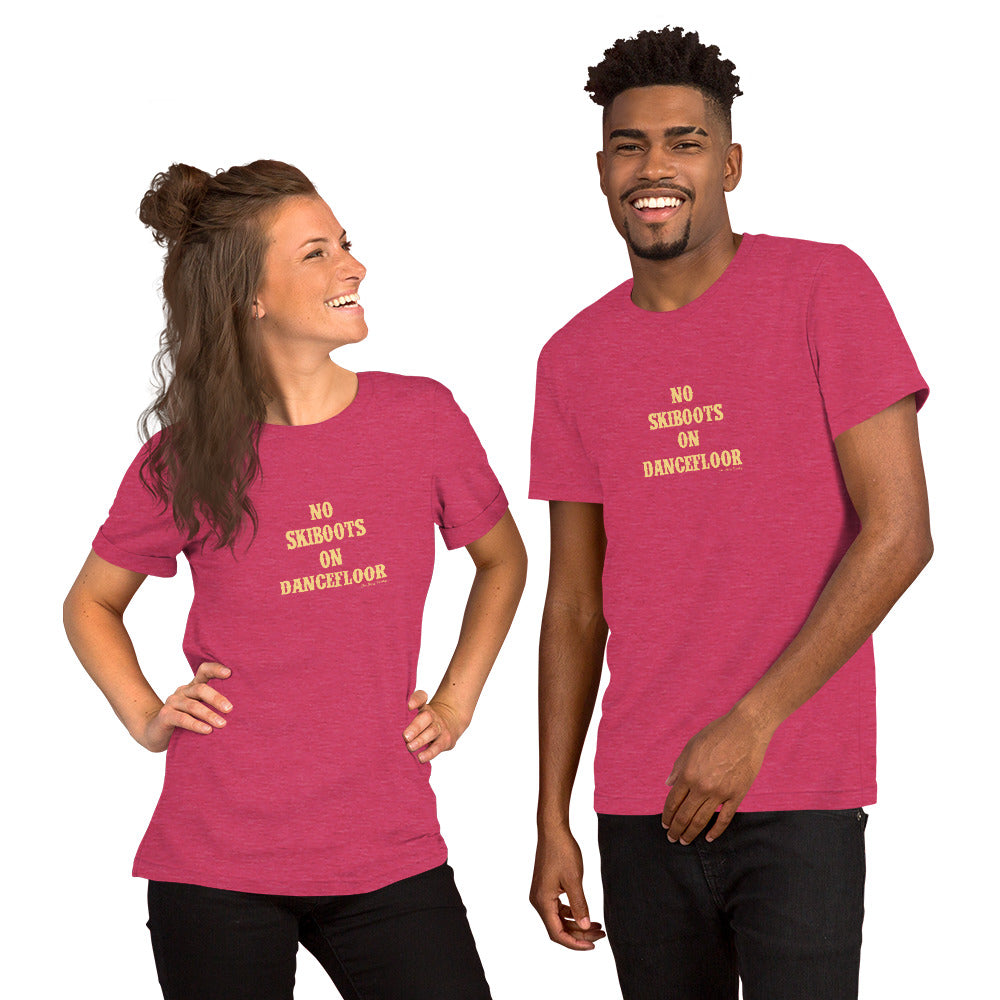 Unisex t-shirt No Skiboots on Dancefloor on bright colors