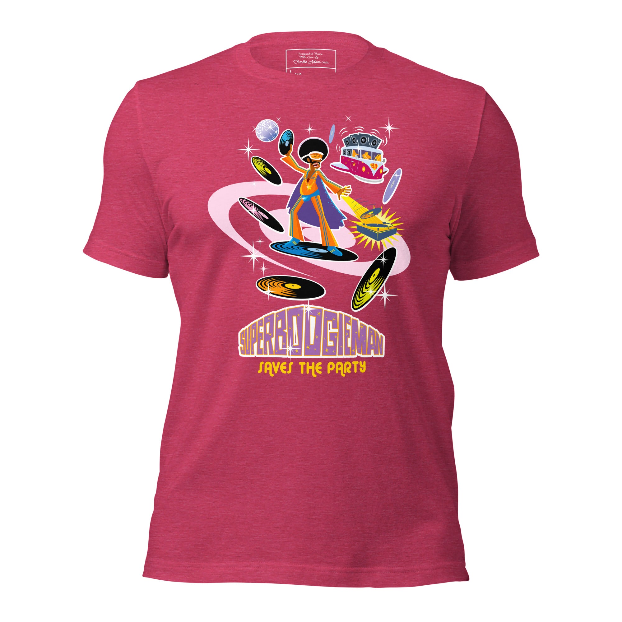 T-shirt en coton unisexe Superboogieman saves the party sur couleurs chinées vives