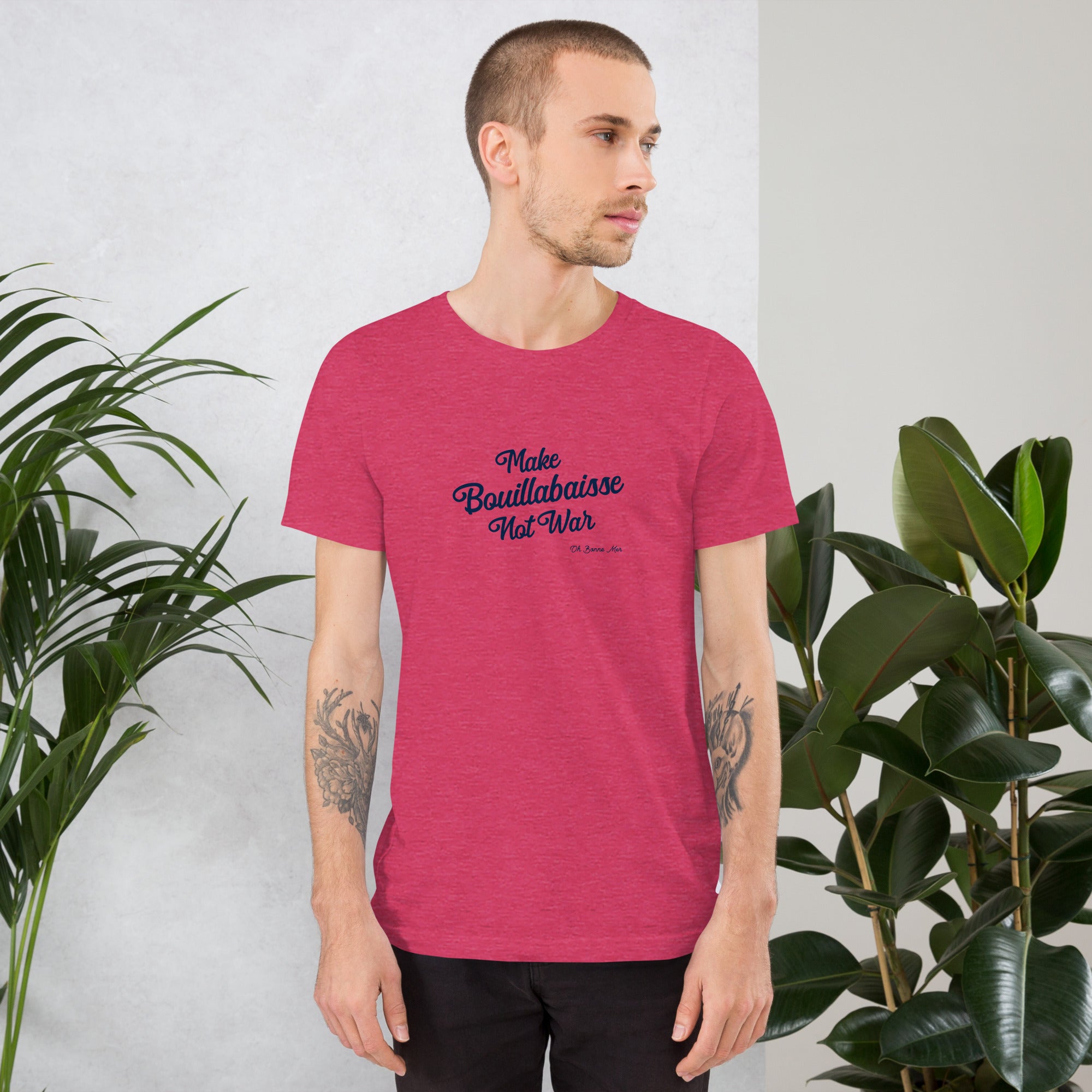 T-shirt en coton unisexe Make Bouillabaisse Not War Text Only sur couleurs chinées vives