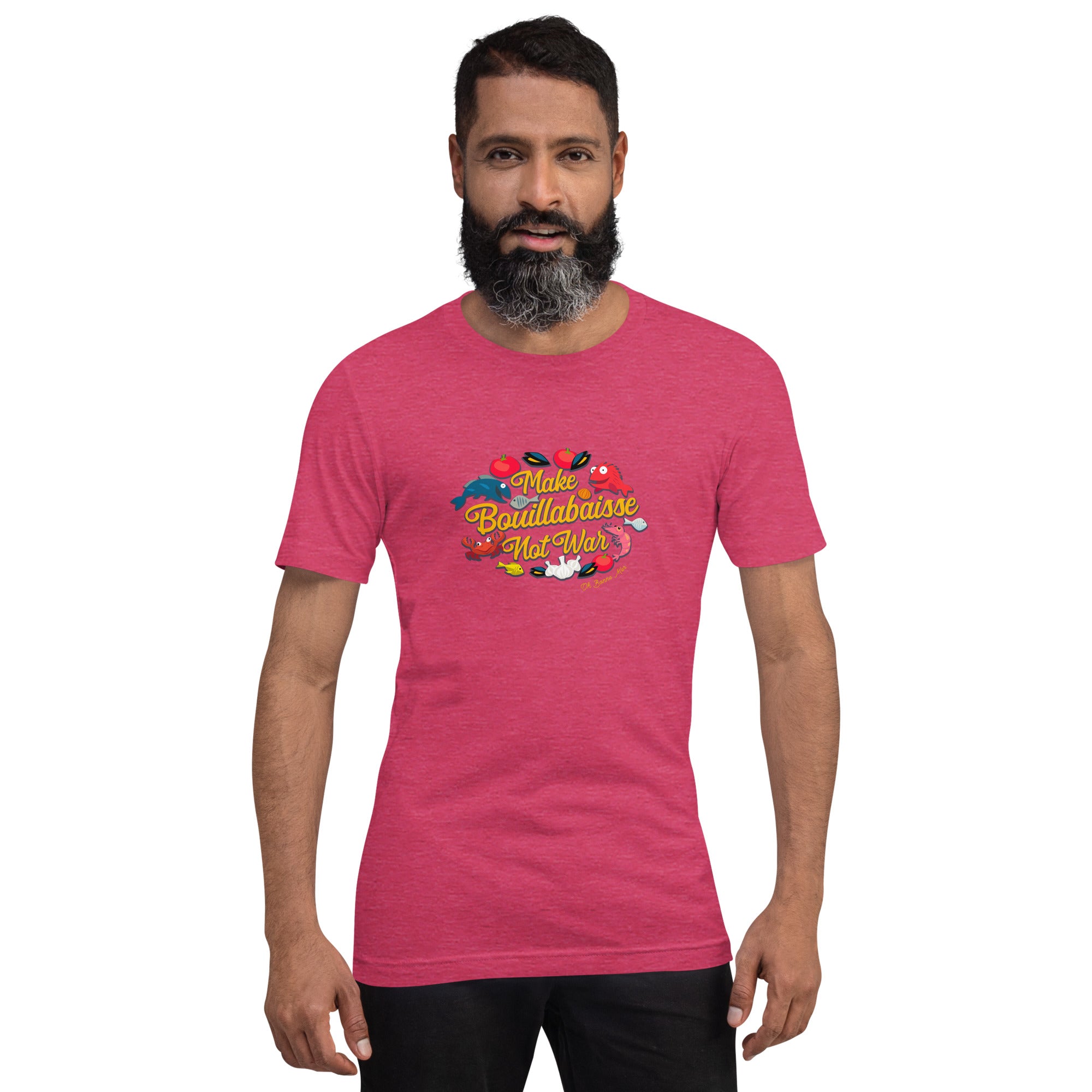 T-shirt en coton unisexe Make Bouillabaisse Not War sur couleurs chinées vives