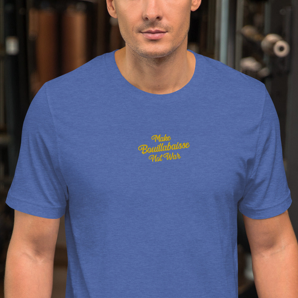 Unisex t-shirt Make Bouillabaisse Not War Text Only gold embroidered pattern on dark heather colors