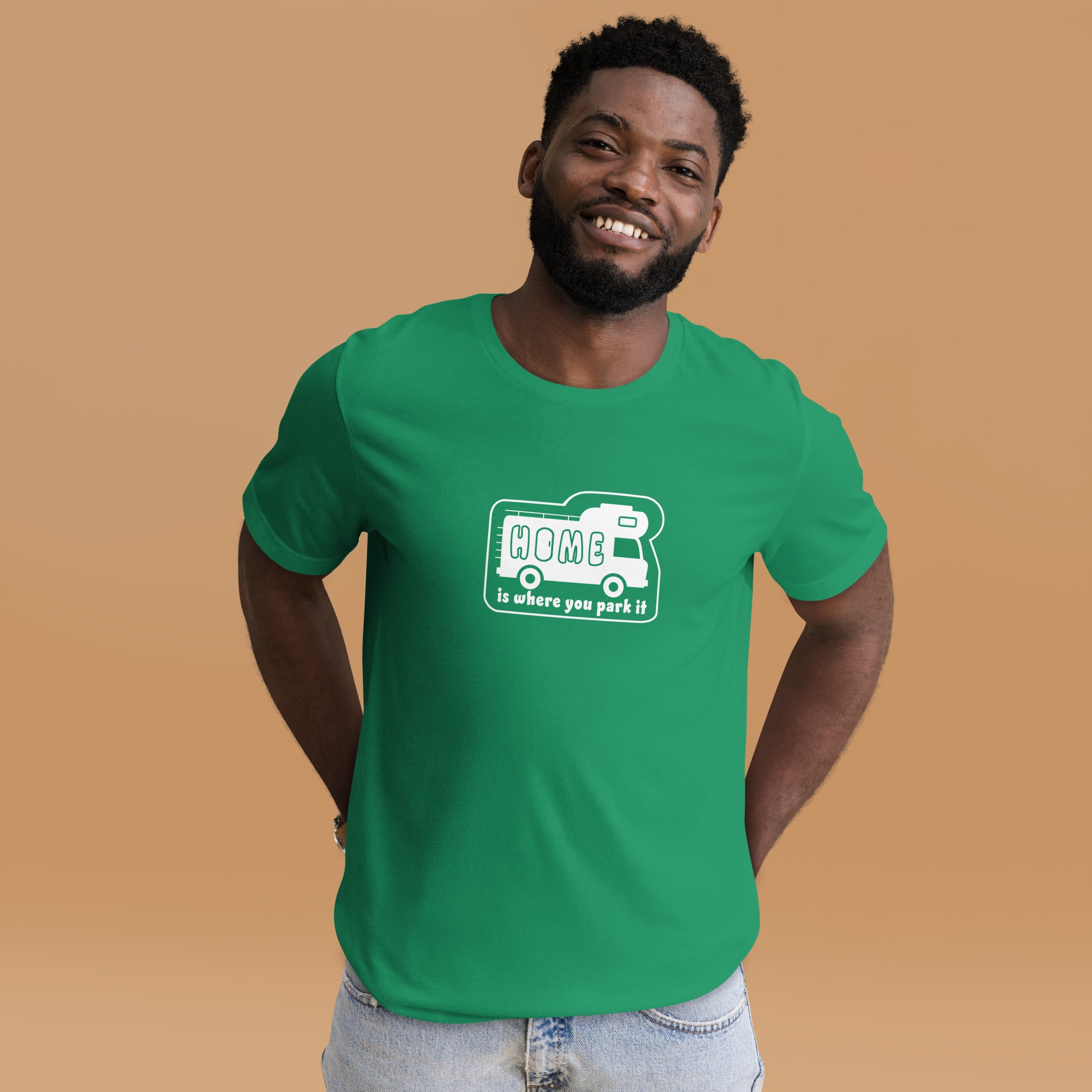 Unisex cotton t-shirt Bold Camper Van on greens