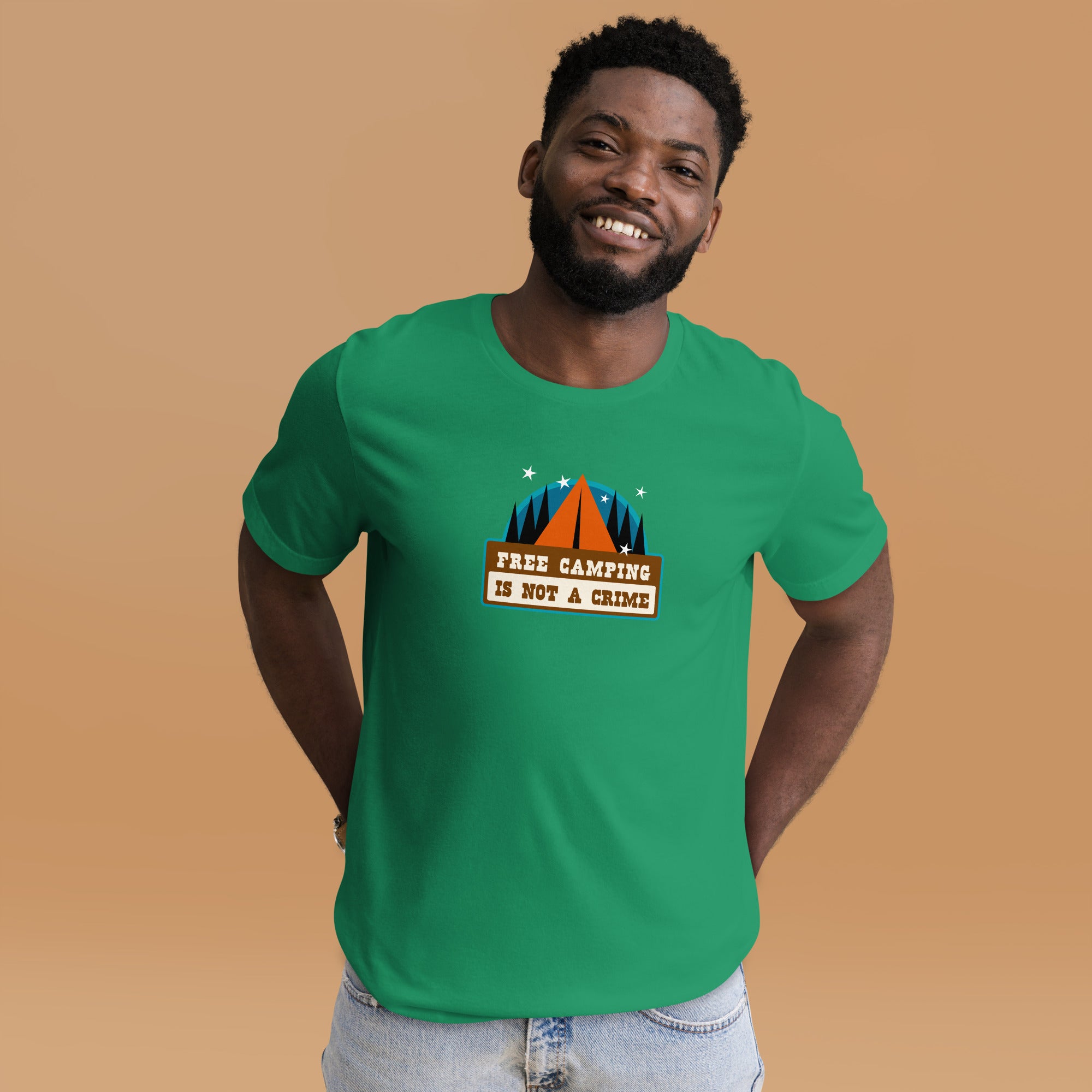 Unisex cotton t-shirt Free Camping is not a Crime on greens