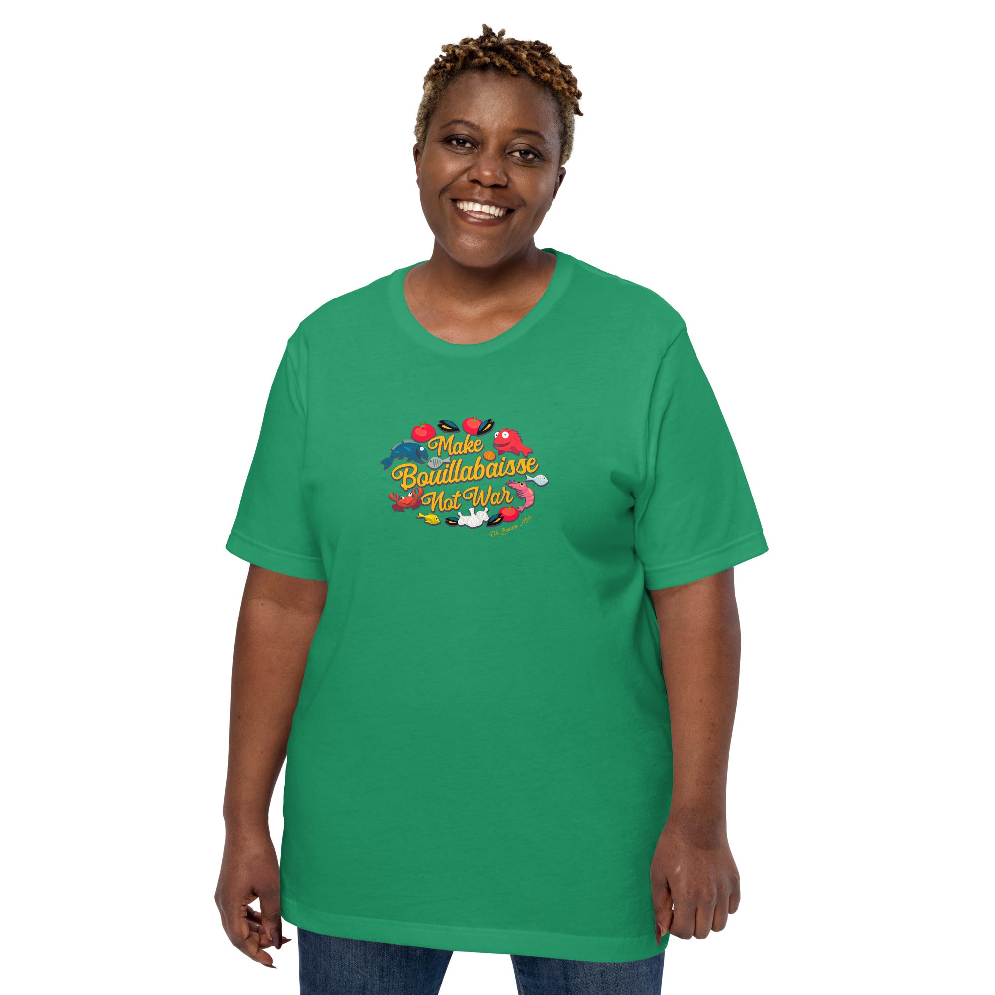 Unisex cotton t-shirt Make Bouillabaisse Not War on bright colors