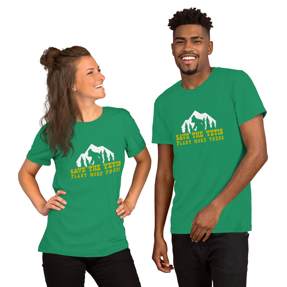 Unisex cotton t-shirt Save the Yetis Plant more Trees on Green (front & back)