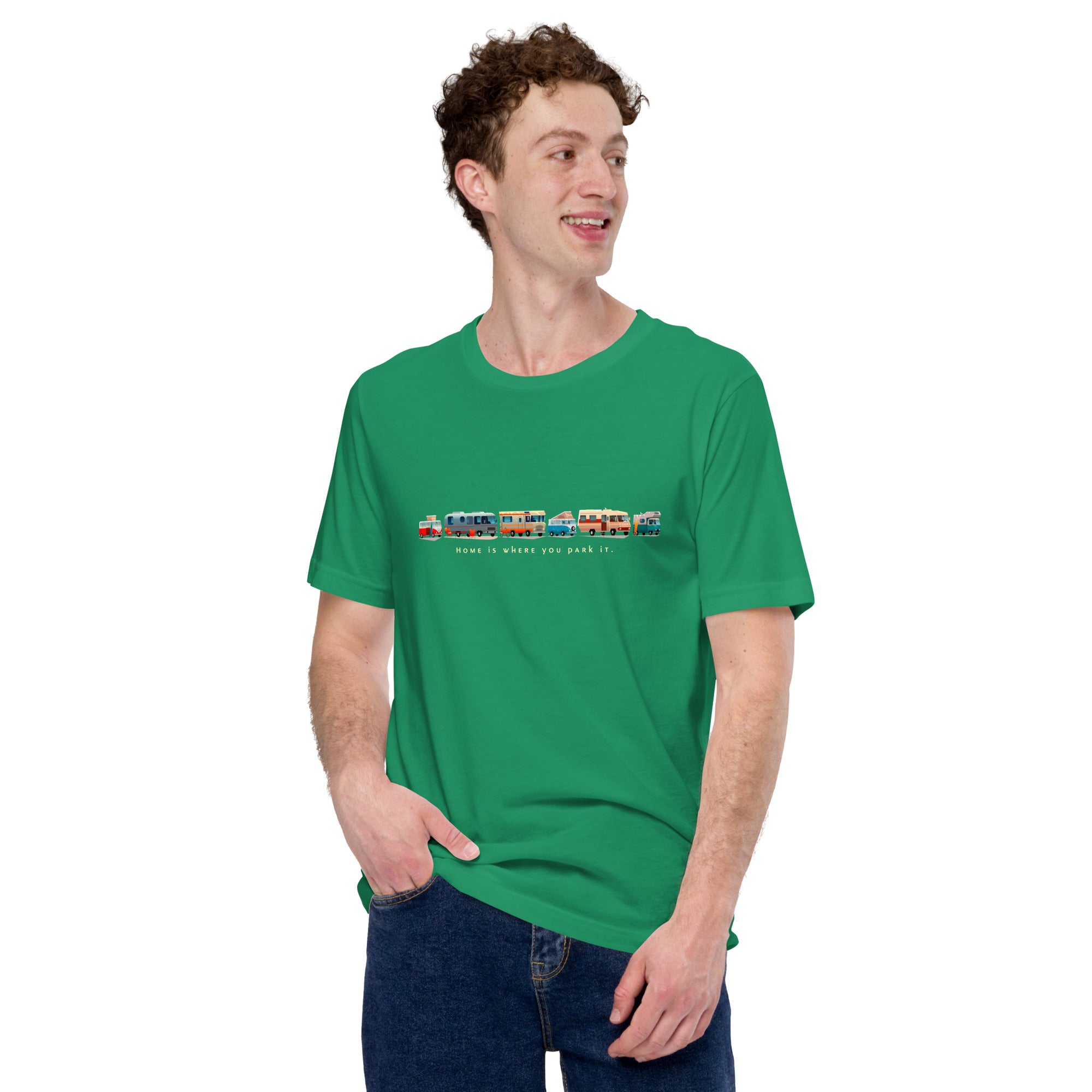 Unisex cotton t-shirt Vintage Campers: Home is where you park it on green