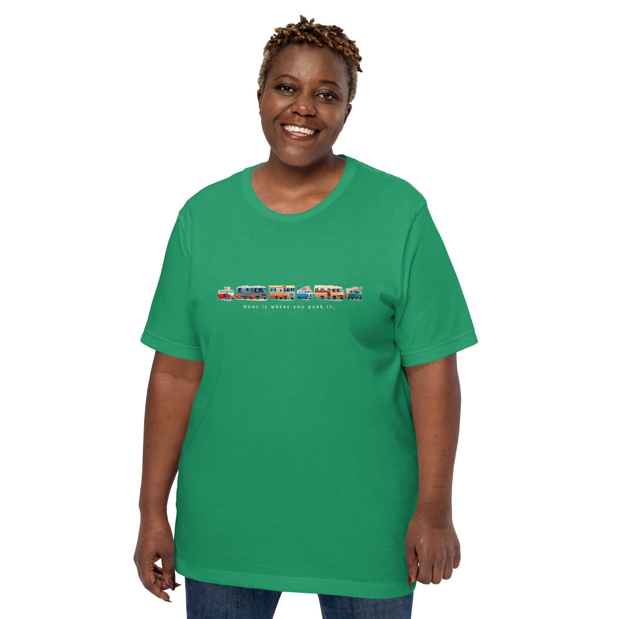 Unisex cotton t-shirt Vintage Campers: Home is where you park it on green