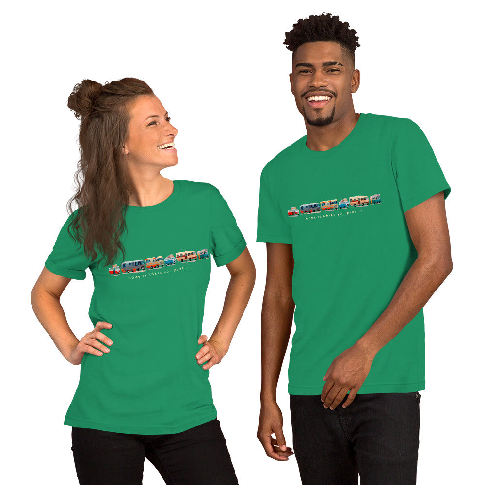 Unisex cotton t-shirt Vintage Campers: Home is where you park it on green