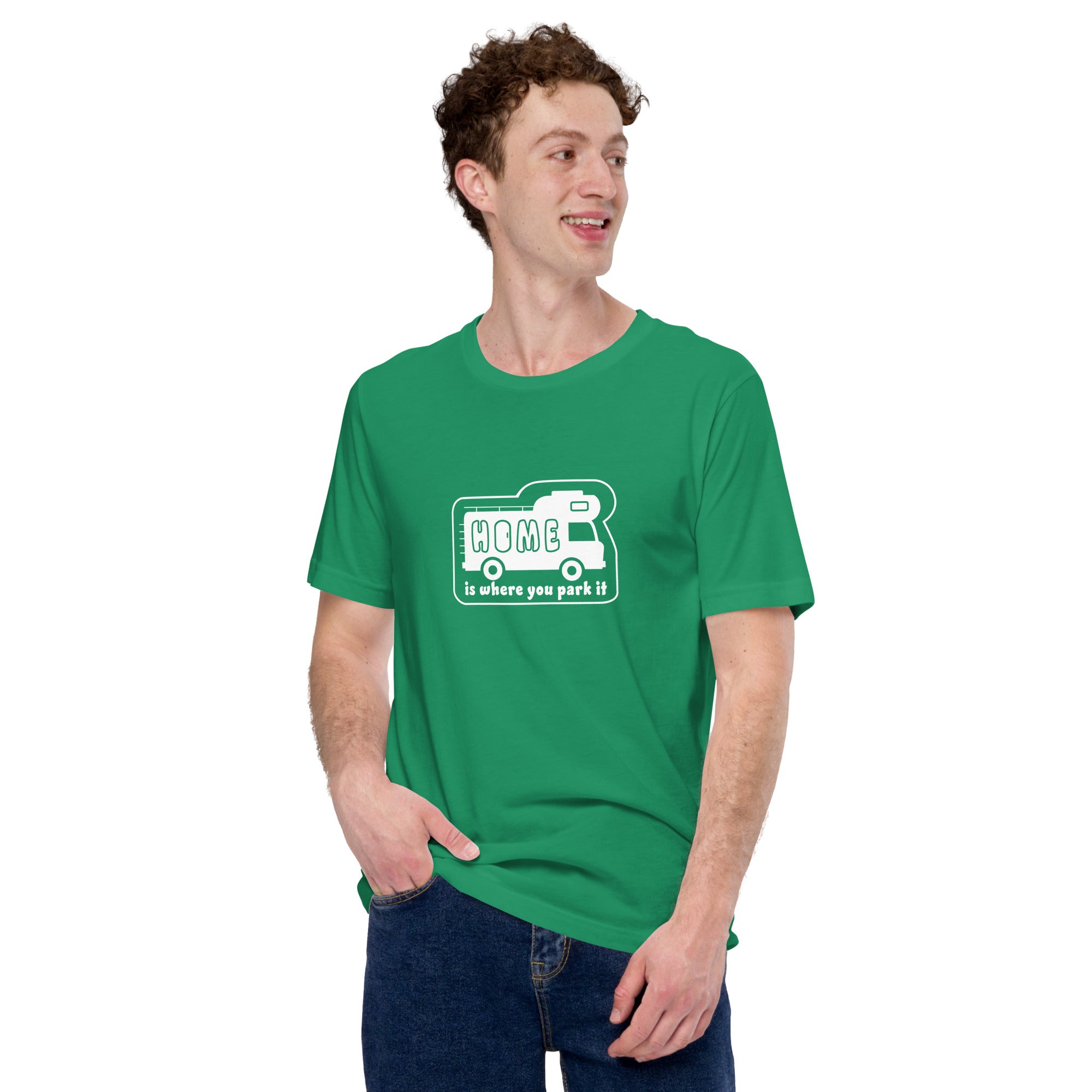 Unisex cotton t-shirt Bold Camper Van on greens