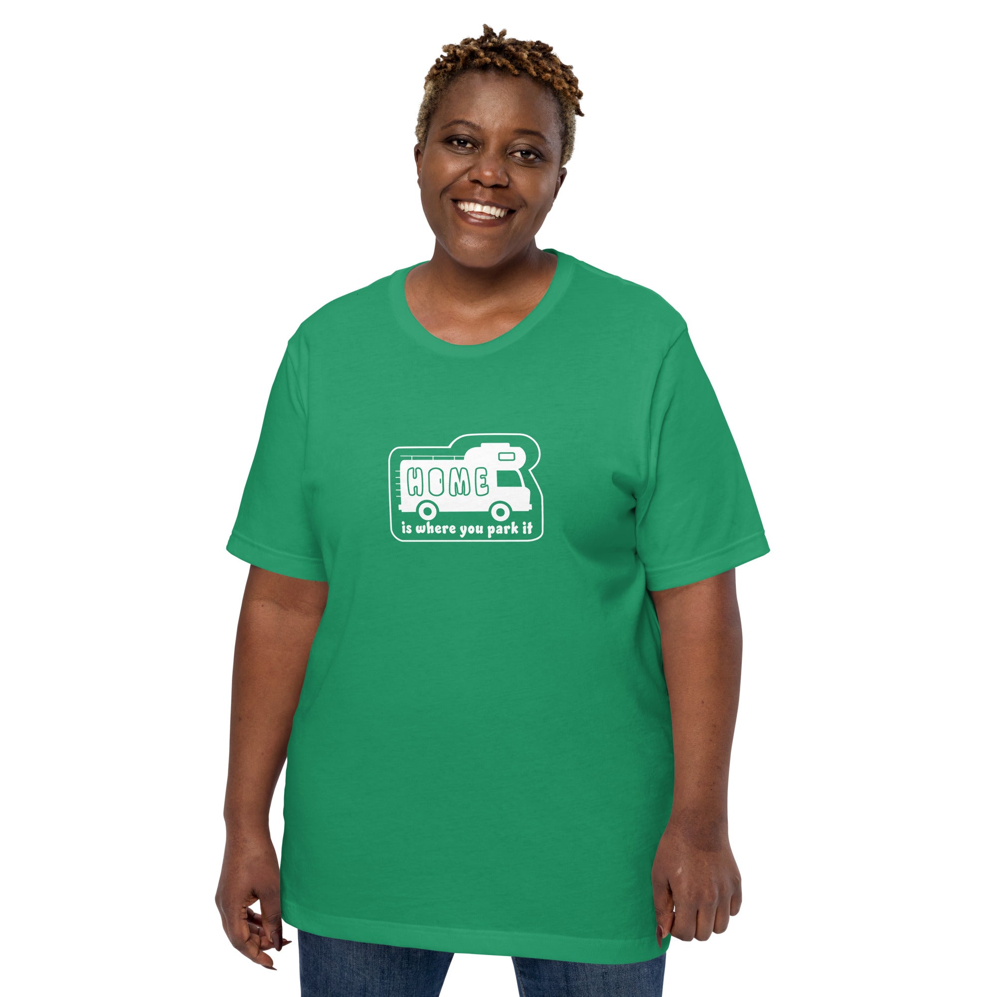 Unisex cotton t-shirt Bold Camper Van on greens