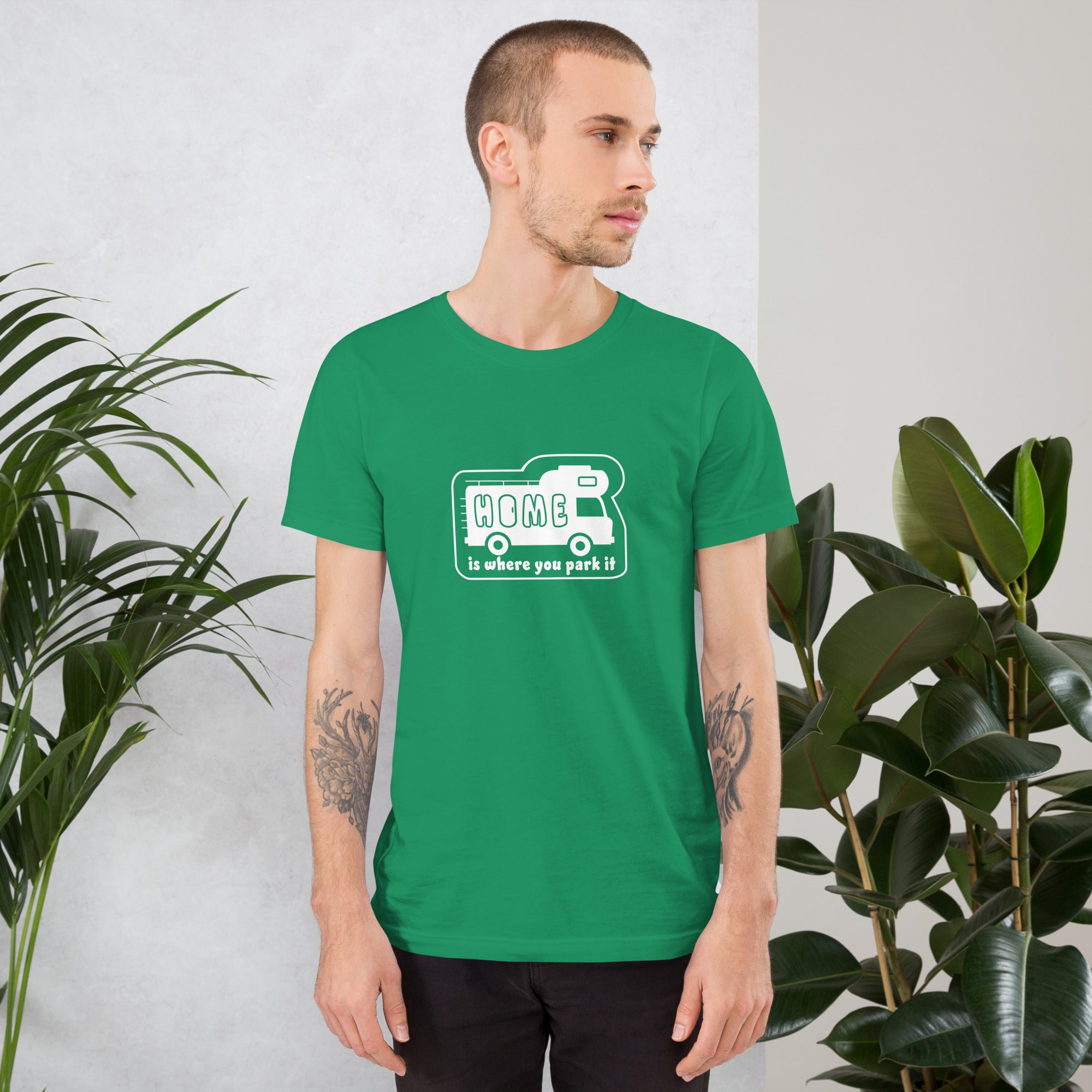 Unisex cotton t-shirt Bold Camper Van on greens