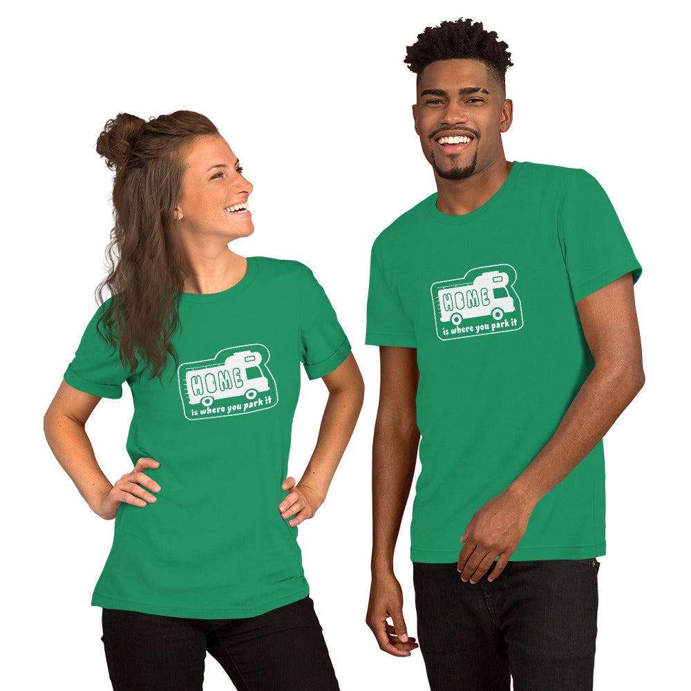 Unisex cotton t-shirt Bold Camper Van on greens