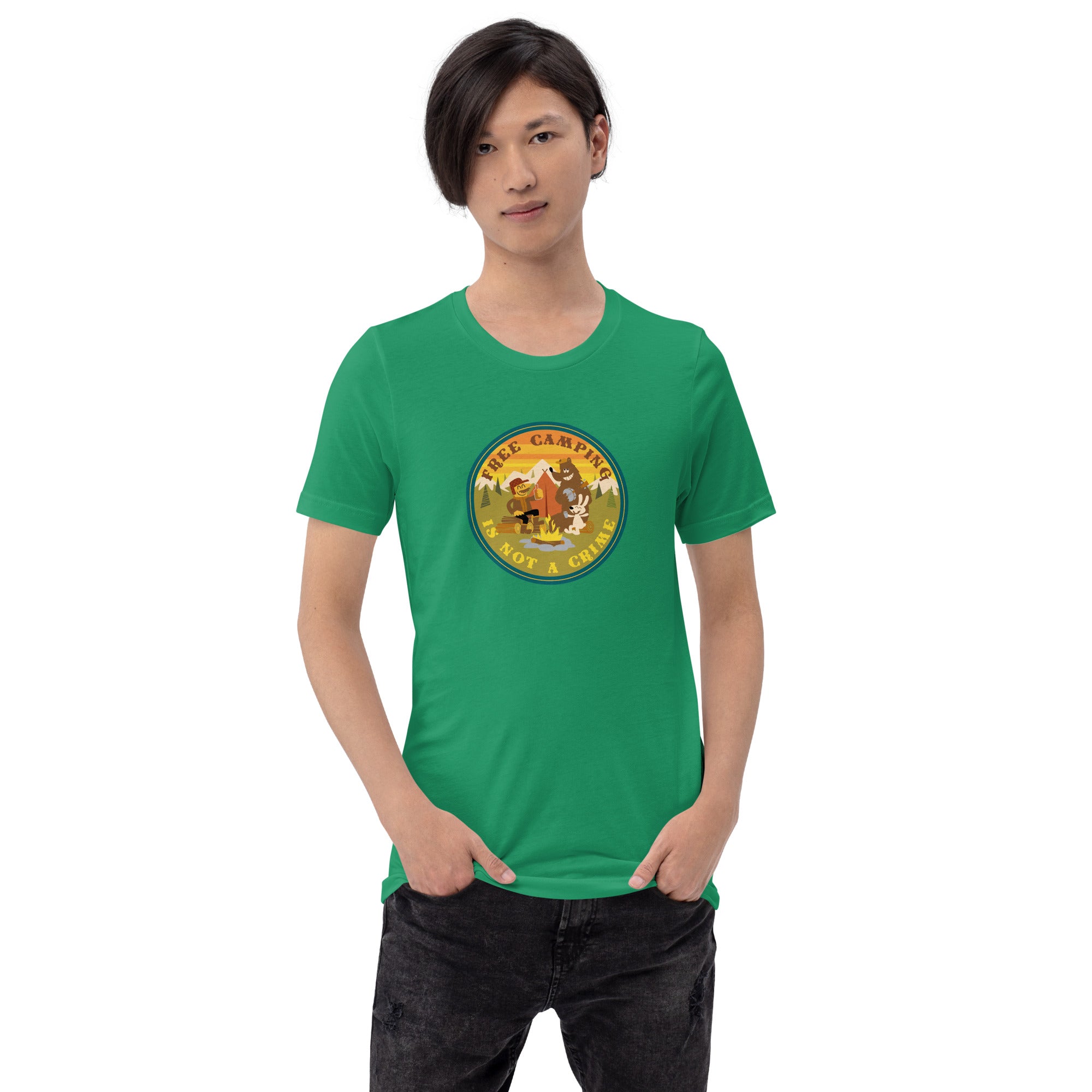 Unisex cotton t-shirt Free Camping is not a Crime on greens