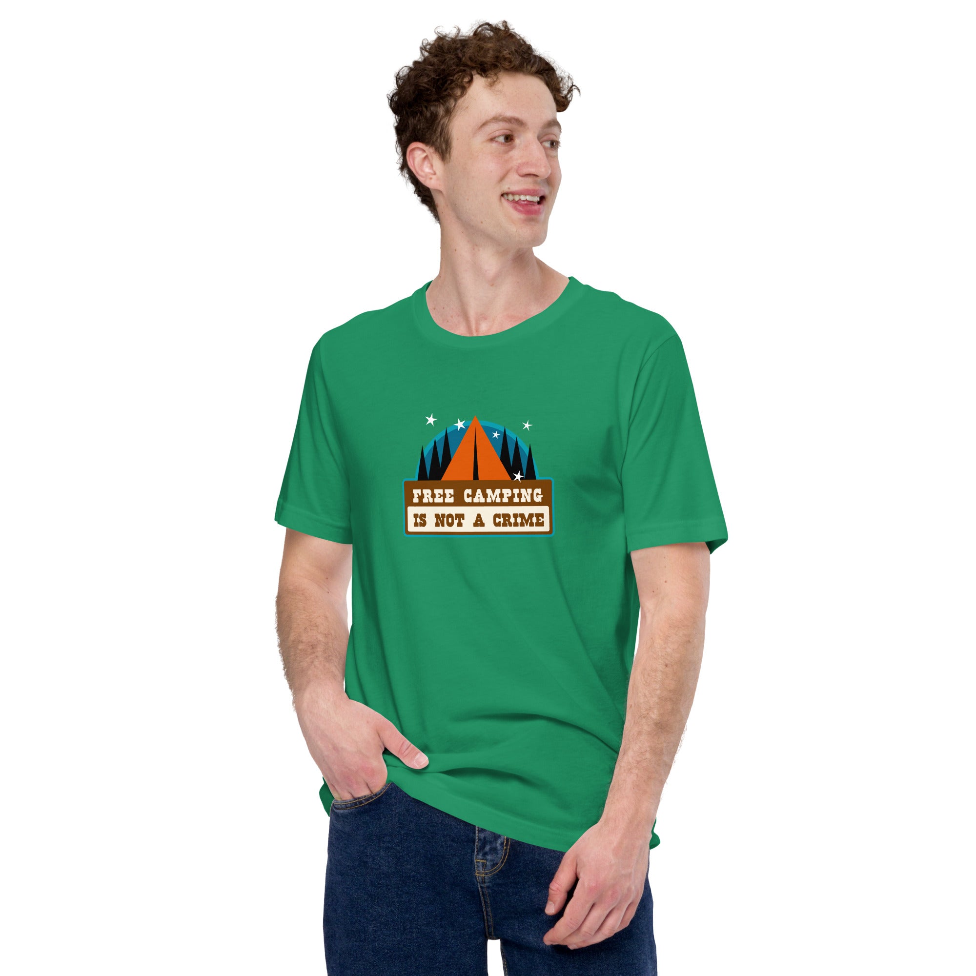 Unisex cotton t-shirt Free Camping is not a Crime on greens