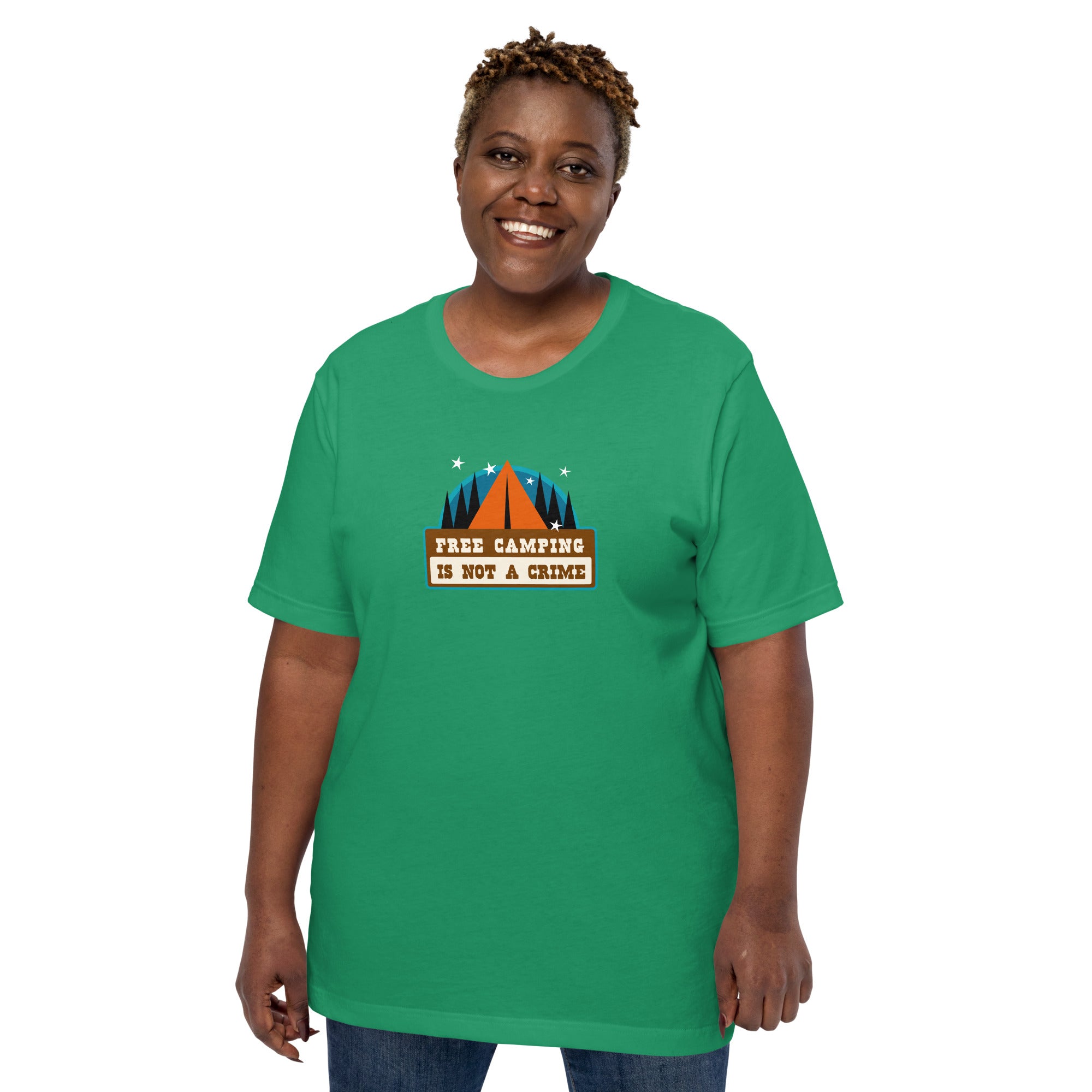 Unisex cotton t-shirt Free Camping is not a Crime on greens