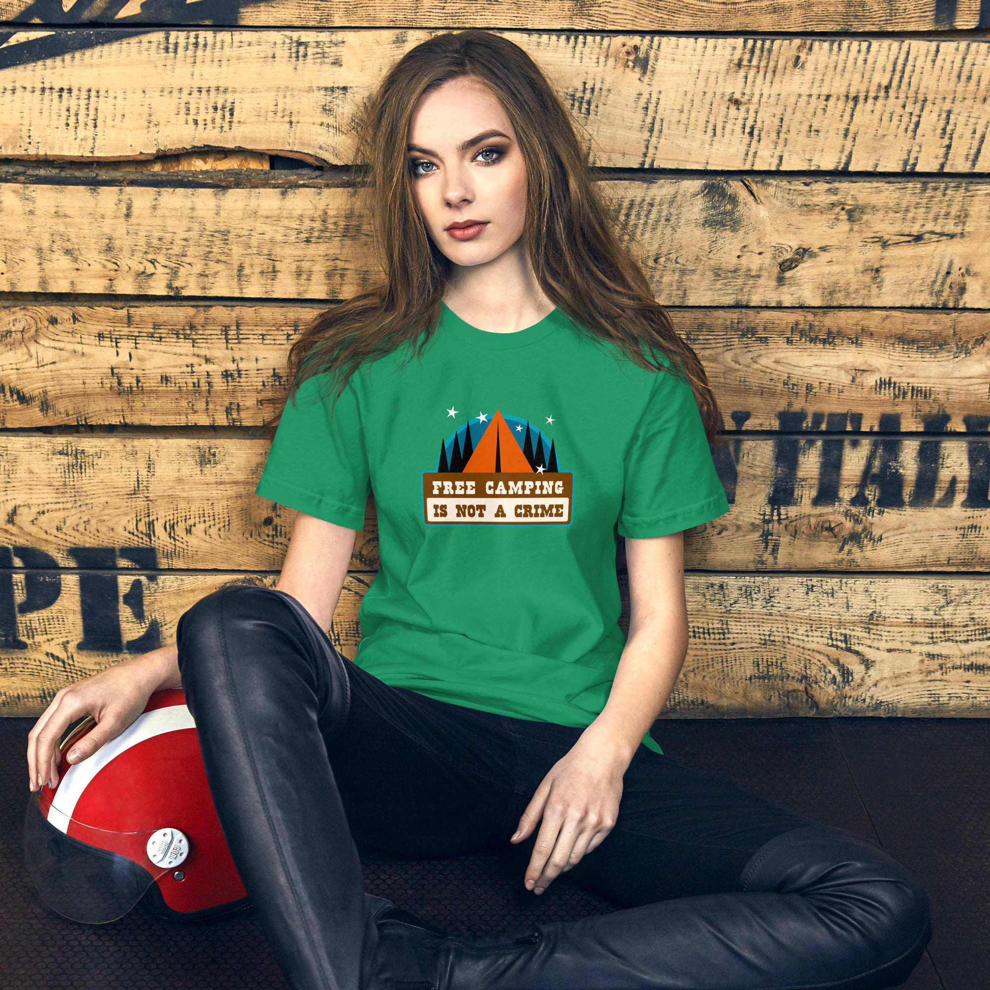 Unisex cotton t-shirt Free Camping is not a Crime on greens