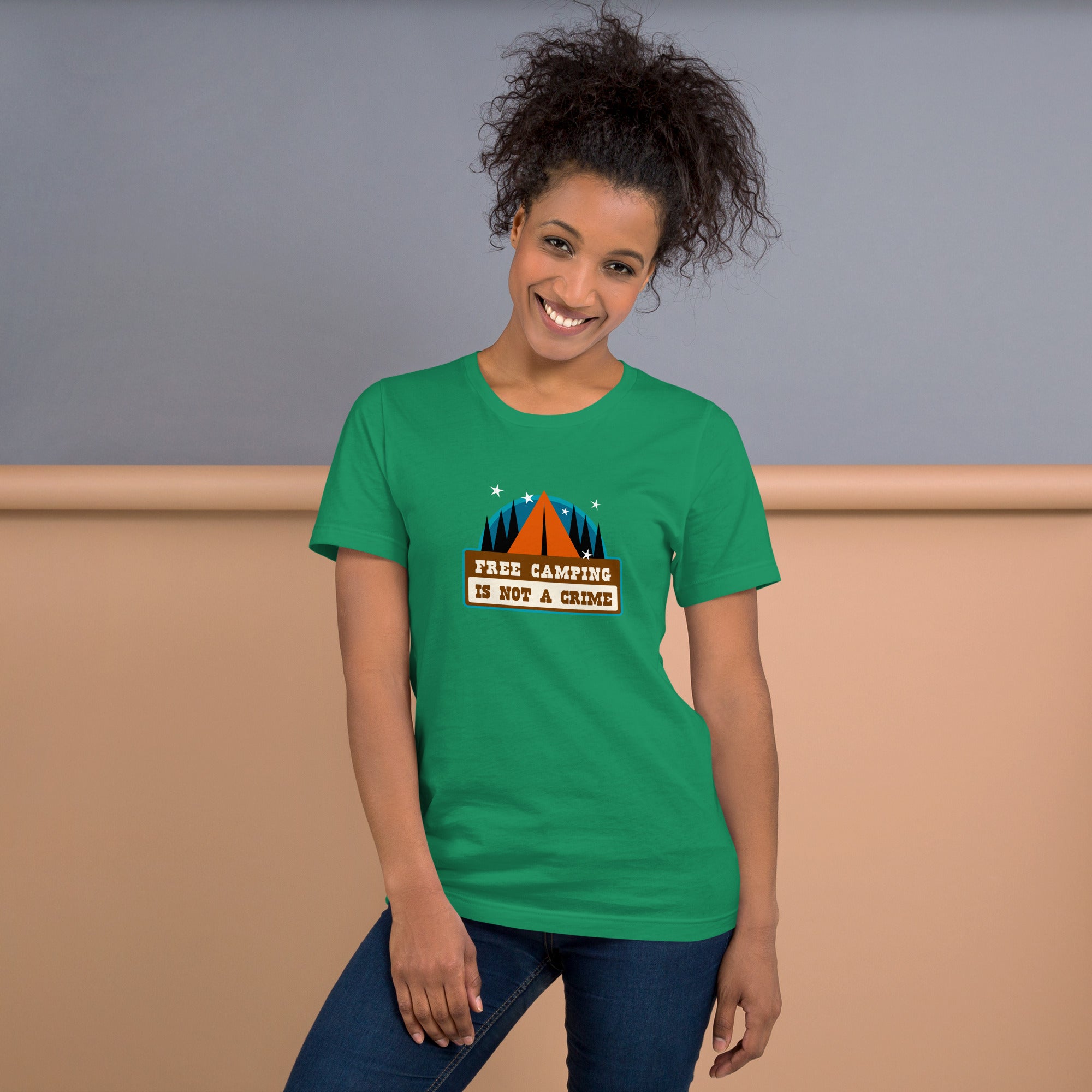 Unisex cotton t-shirt Free Camping is not a Crime on greens