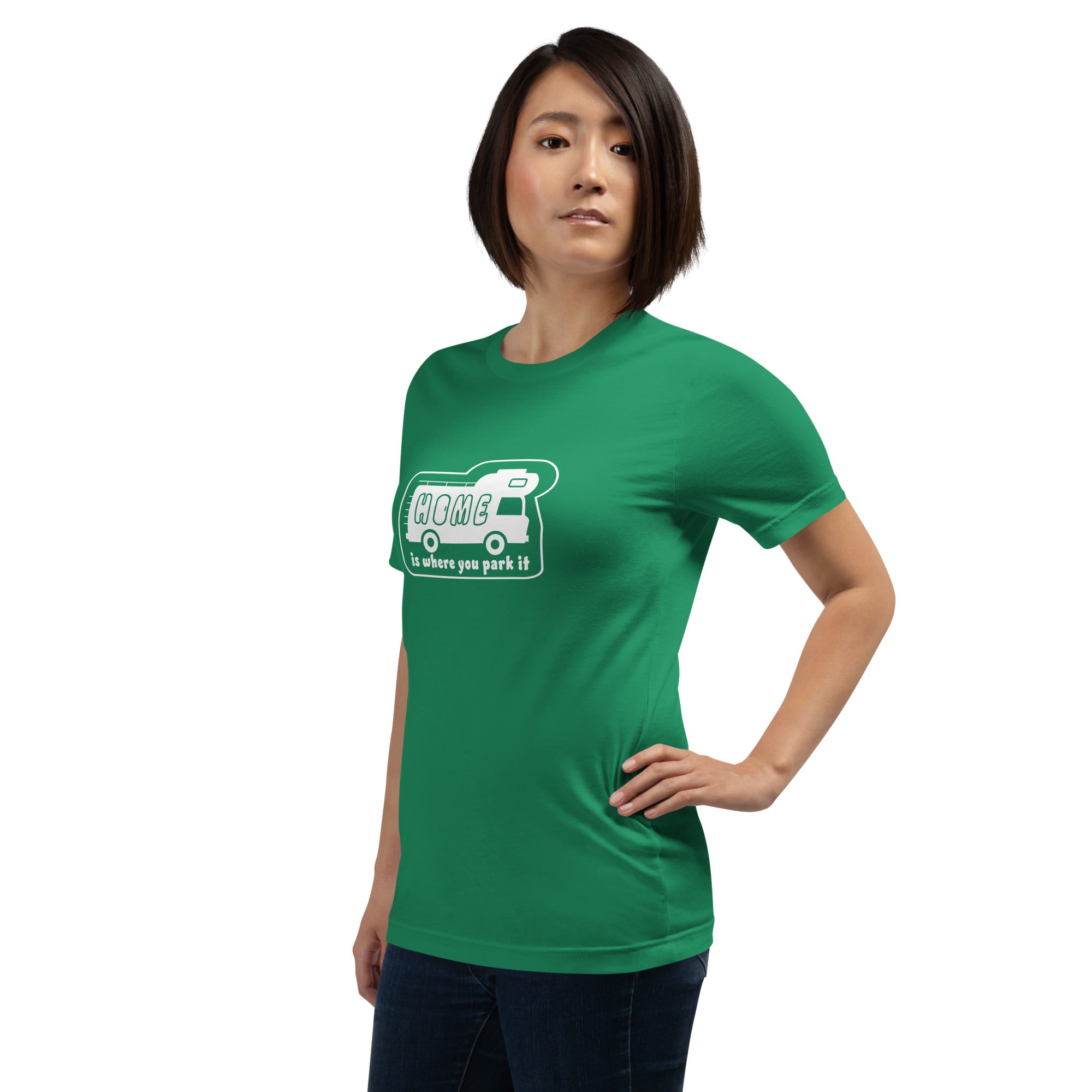 Unisex cotton t-shirt Bold Camper Van on greens