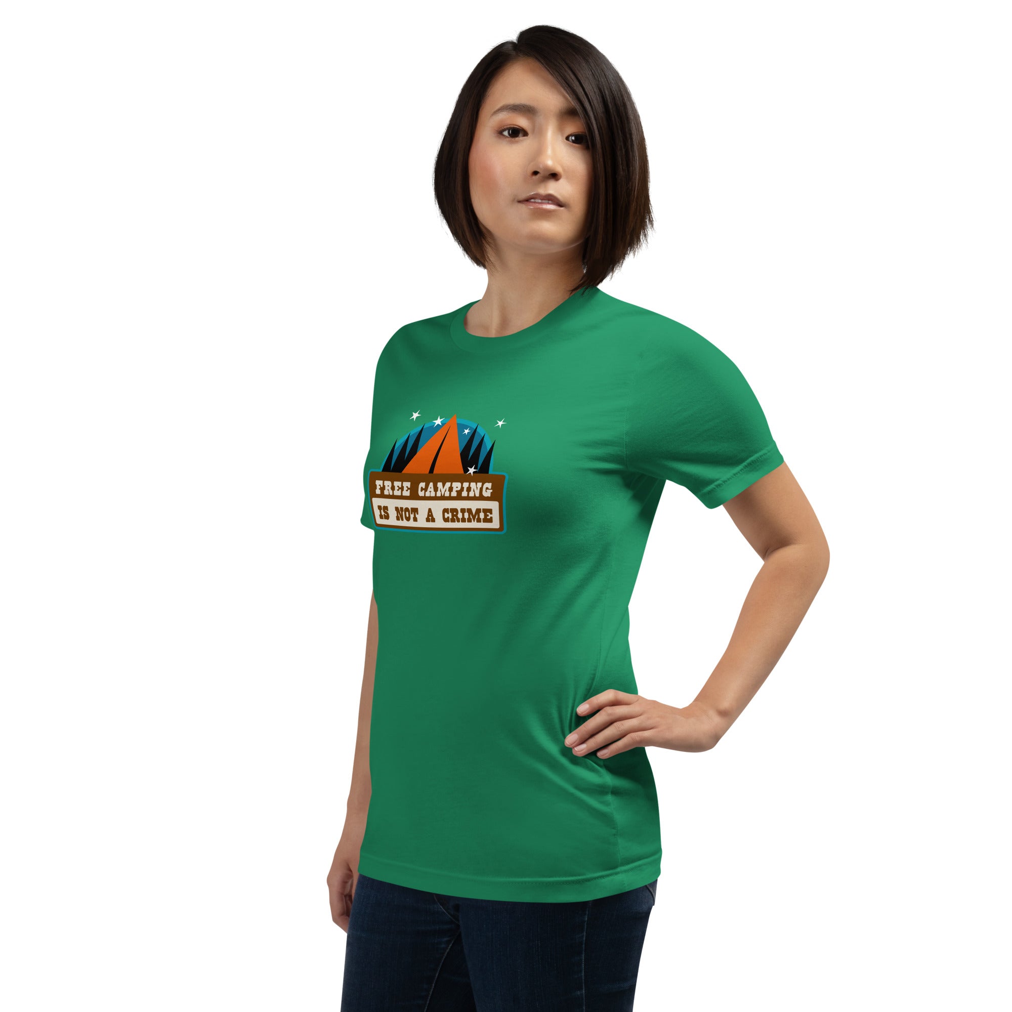 Unisex cotton t-shirt Free Camping is not a Crime on greens