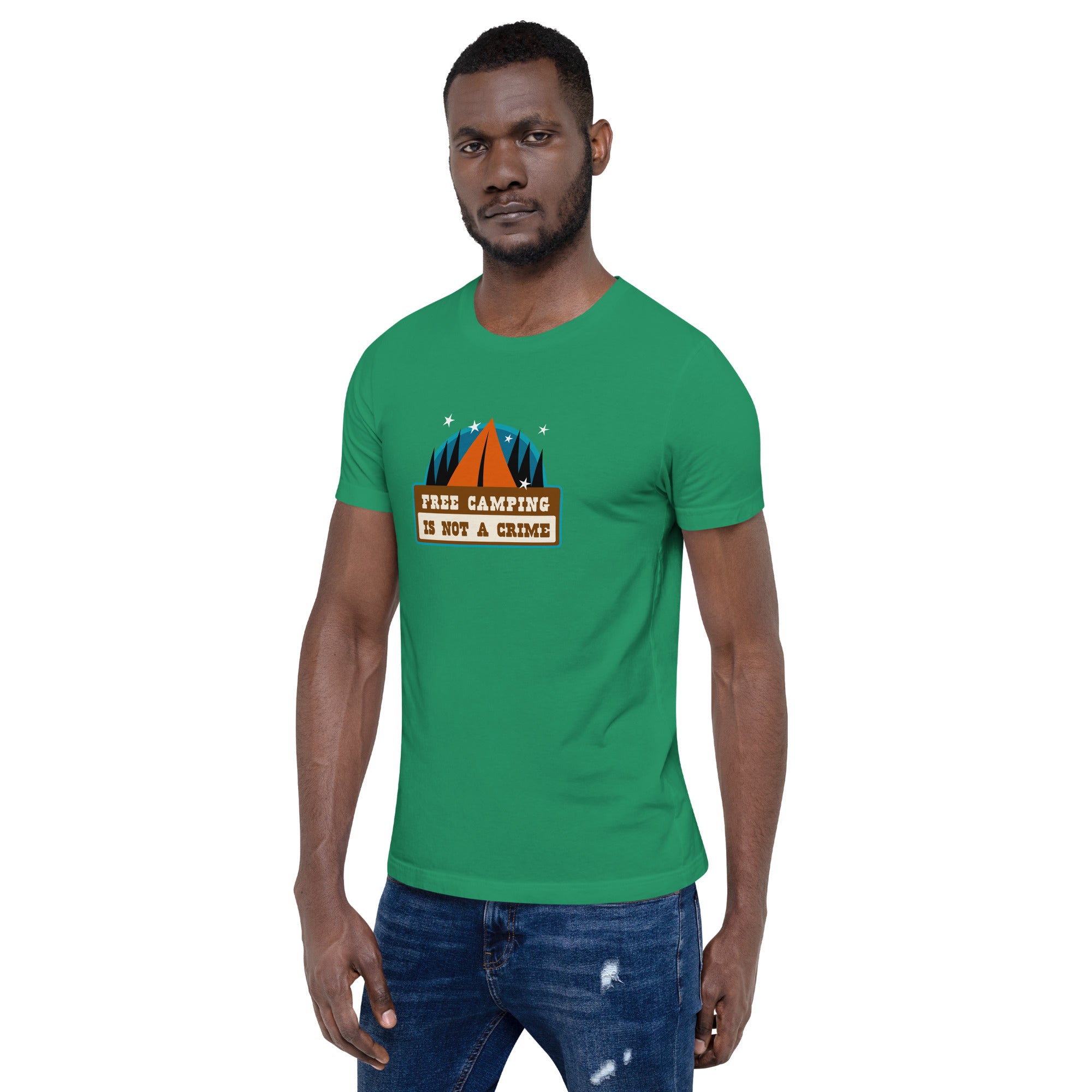 Unisex cotton t-shirt Free Camping is not a Crime on greens