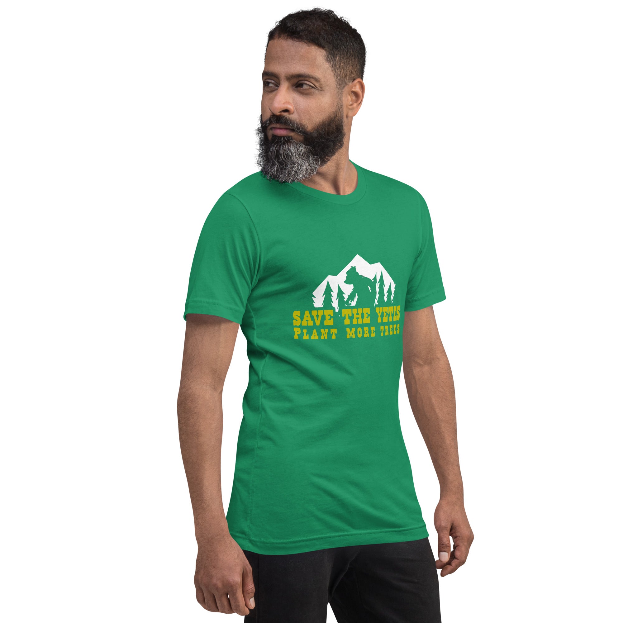 Unisex cotton t-shirt Save the Yetis Plant more Trees on Green (front & back)