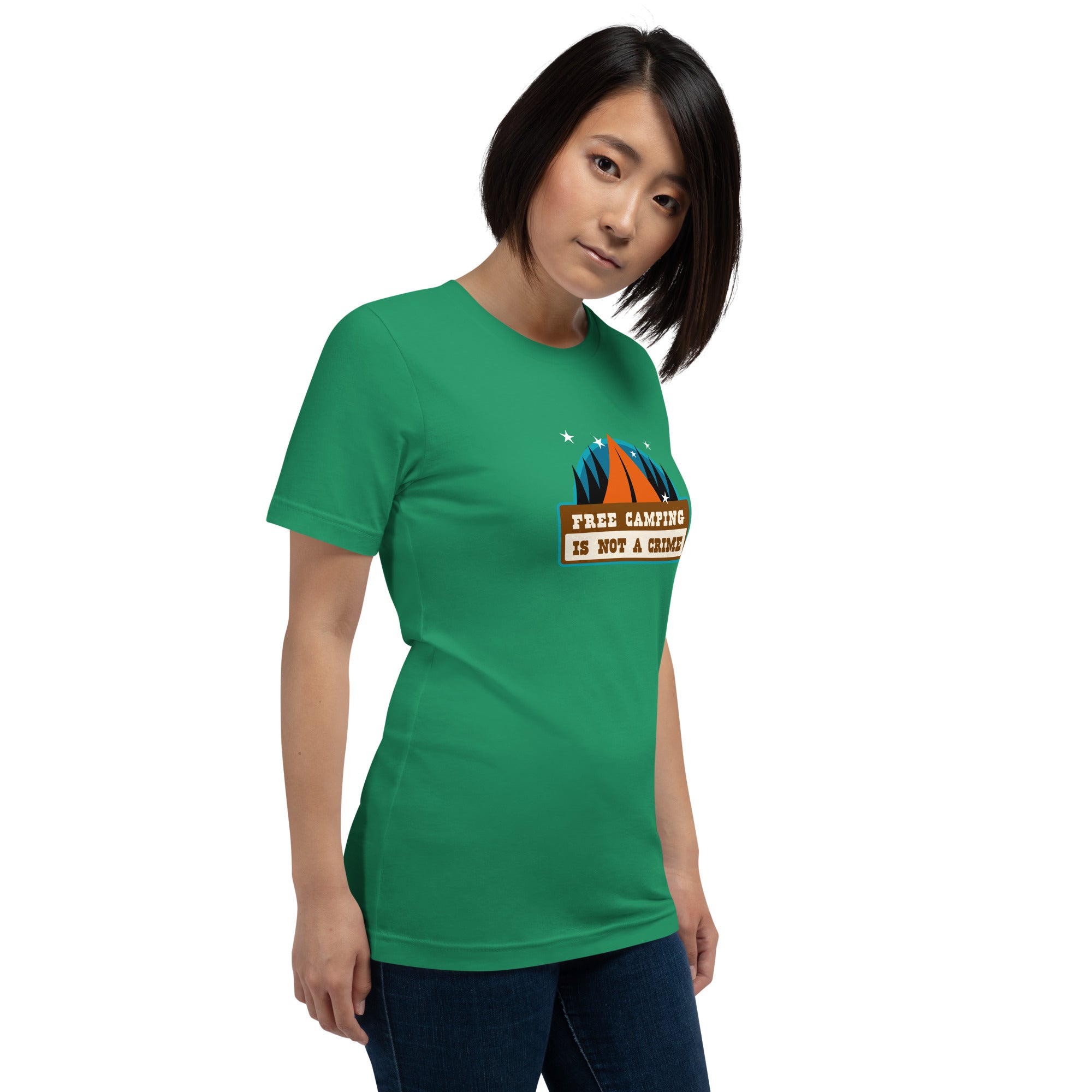 Unisex cotton t-shirt Free Camping is not a Crime on greens