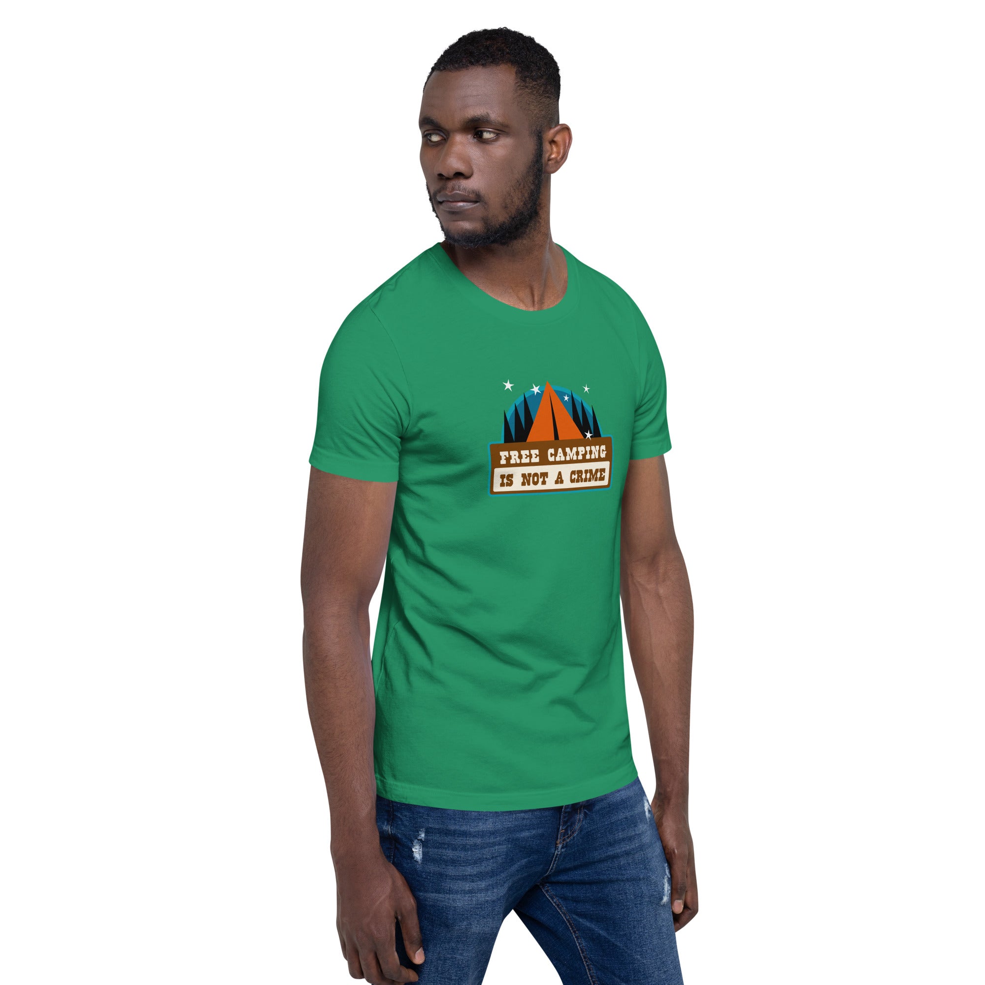 Unisex cotton t-shirt Free Camping is not a Crime on greens