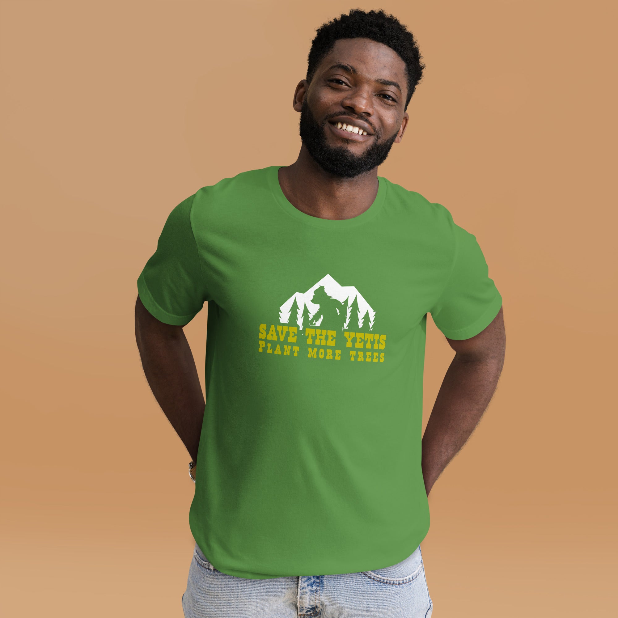 Unisex cotton t-shirt Save the Yetis Plant more Trees on Green (front & back)