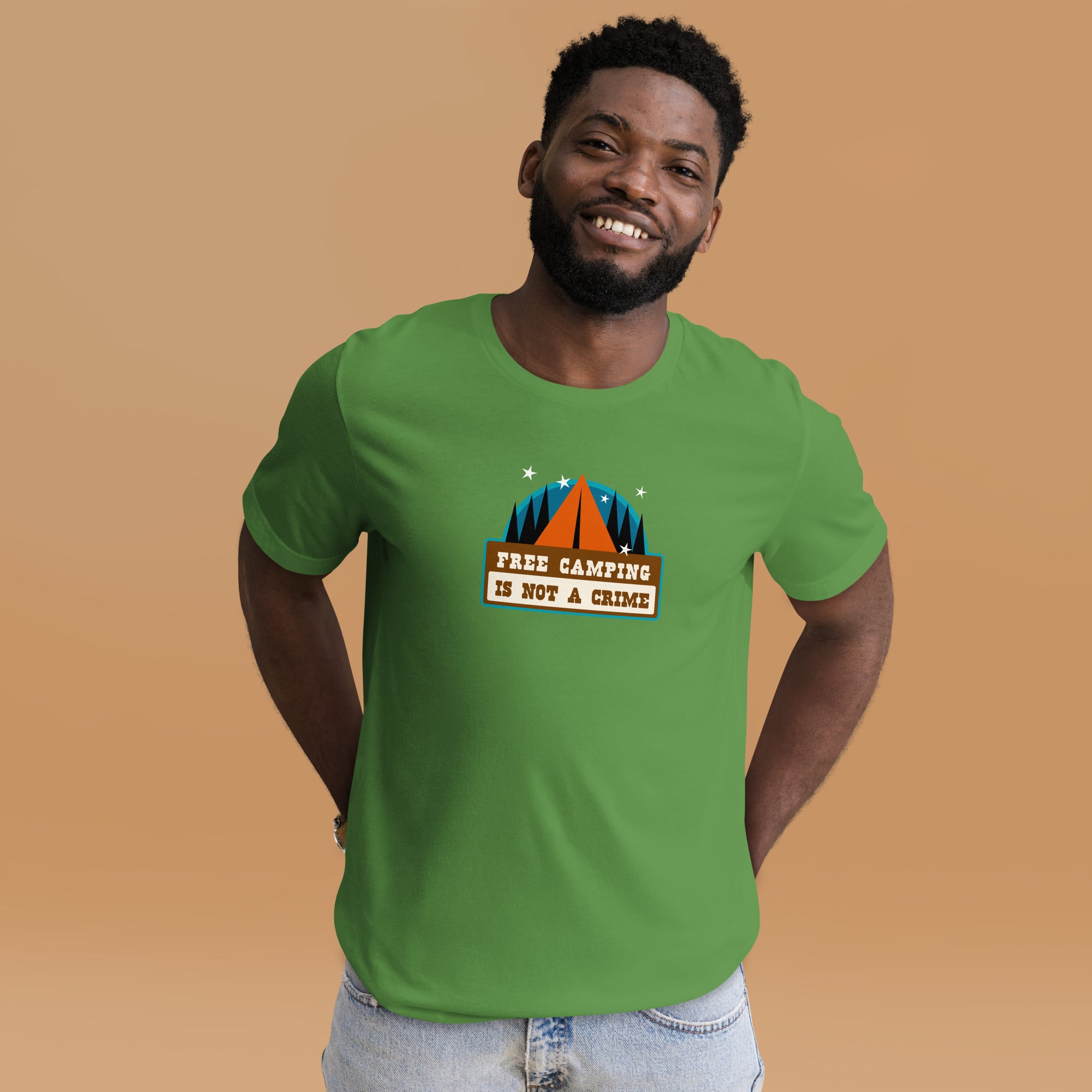 Unisex cotton t-shirt Free Camping is not a Crime on greens