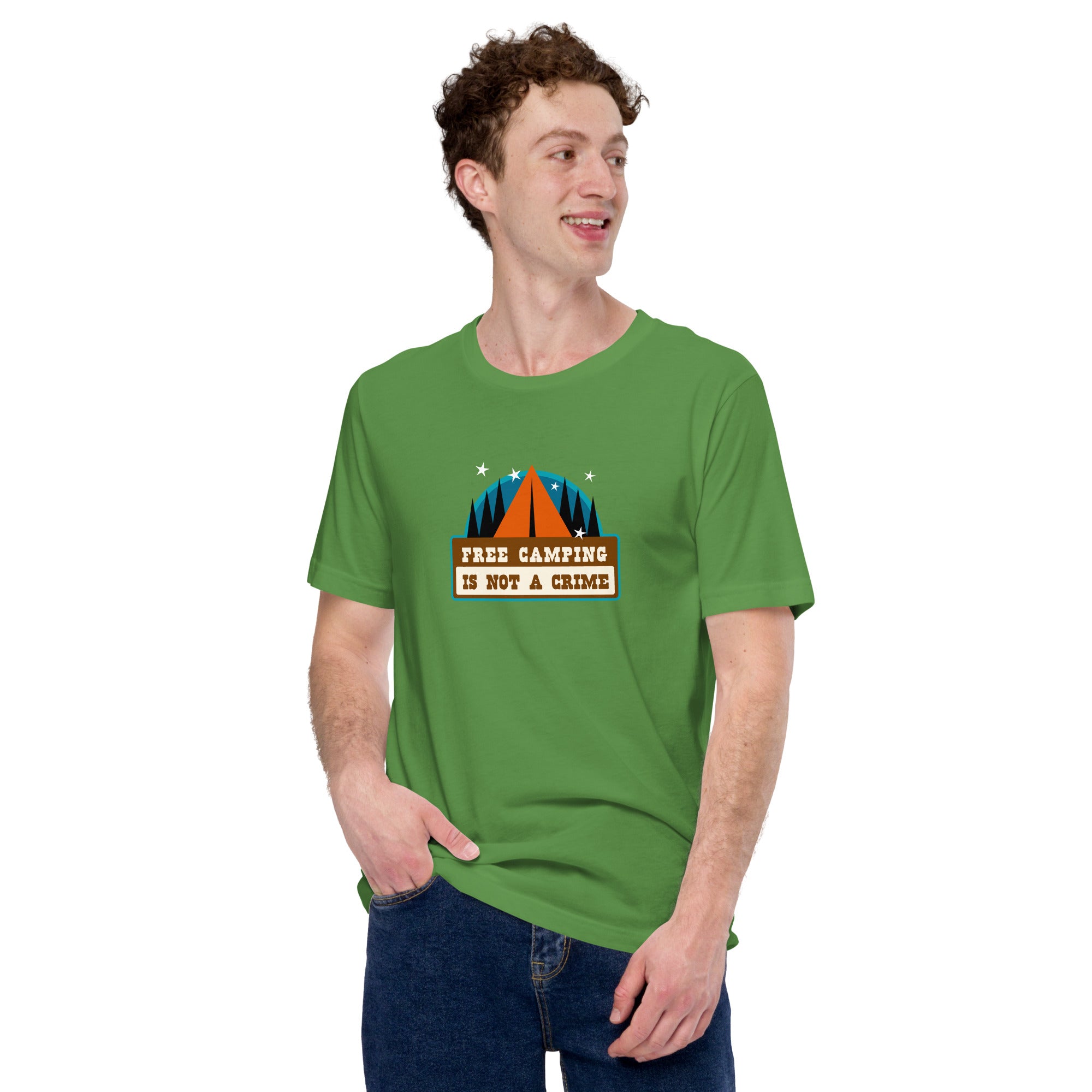 Unisex cotton t-shirt Free Camping is not a Crime on greens