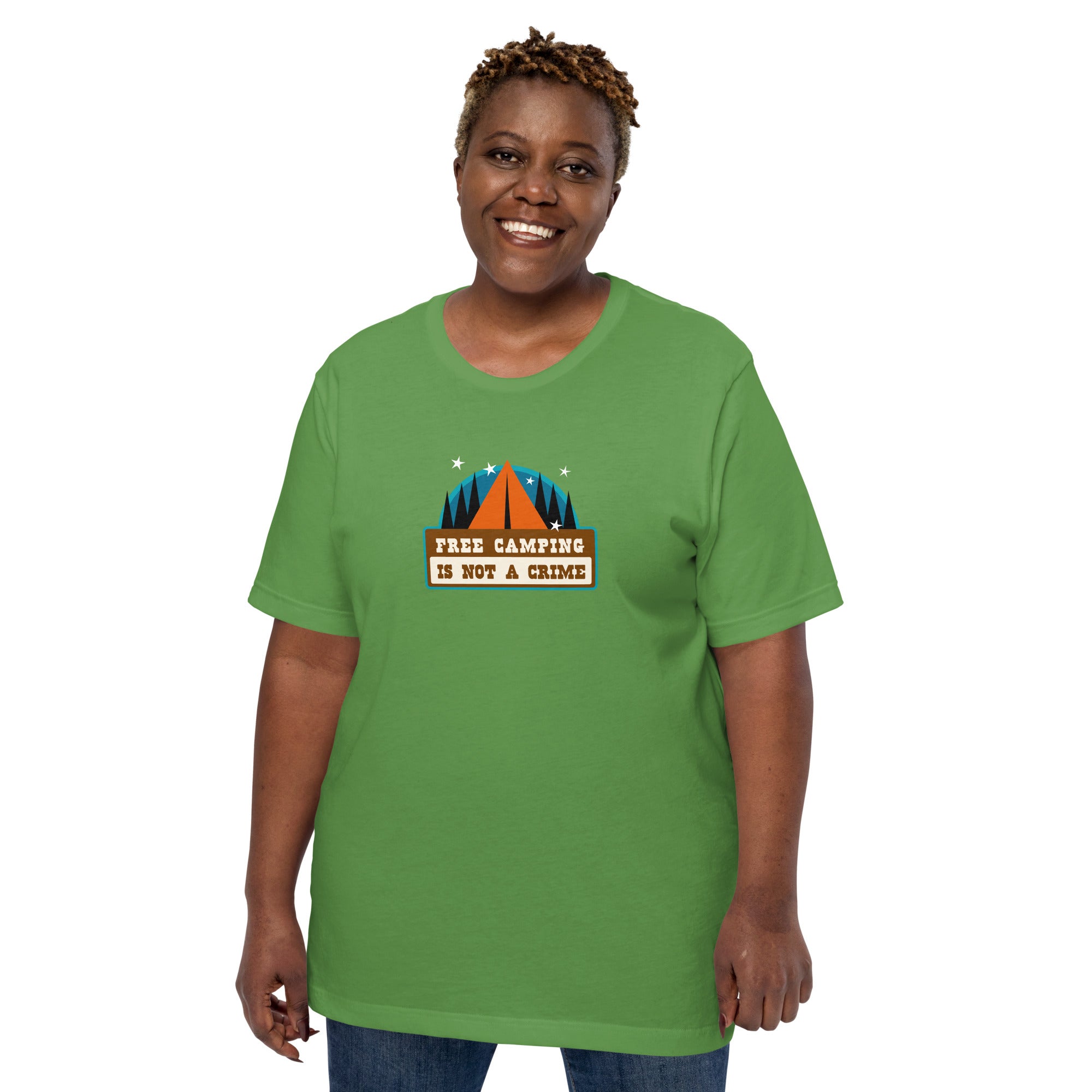 Unisex cotton t-shirt Free Camping is not a Crime on greens