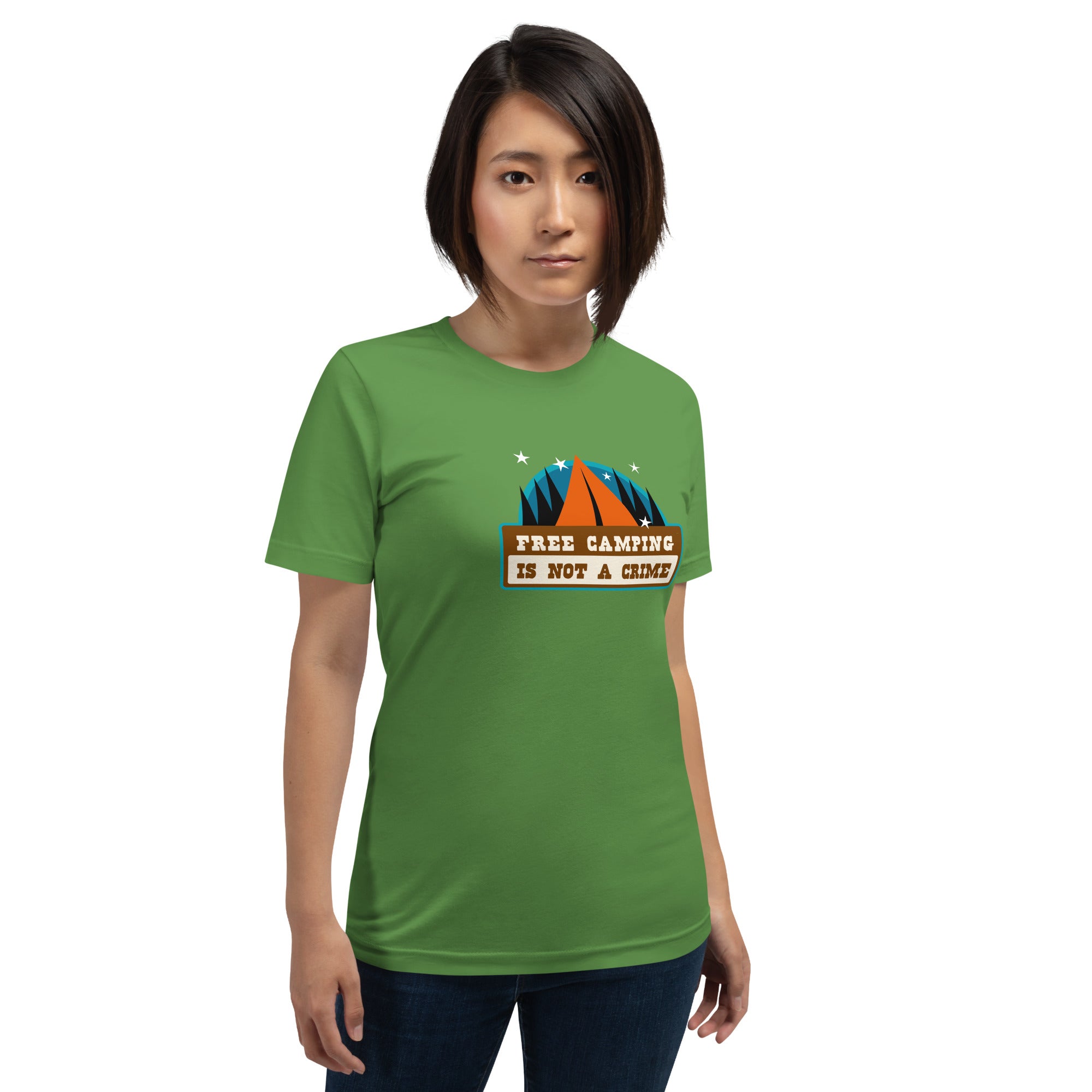 Unisex cotton t-shirt Free Camping is not a Crime on greens