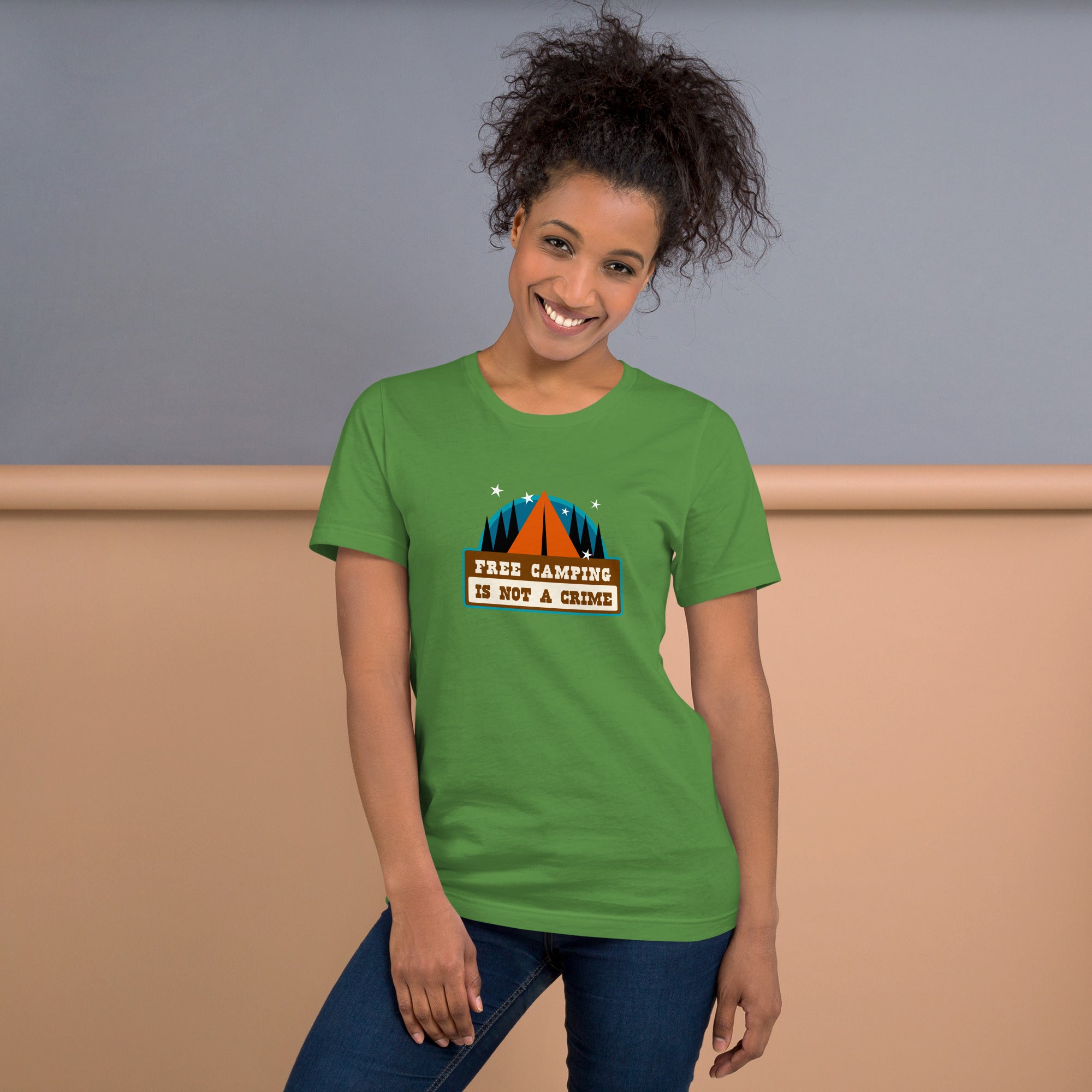 Unisex cotton t-shirt Free Camping is not a Crime on greens