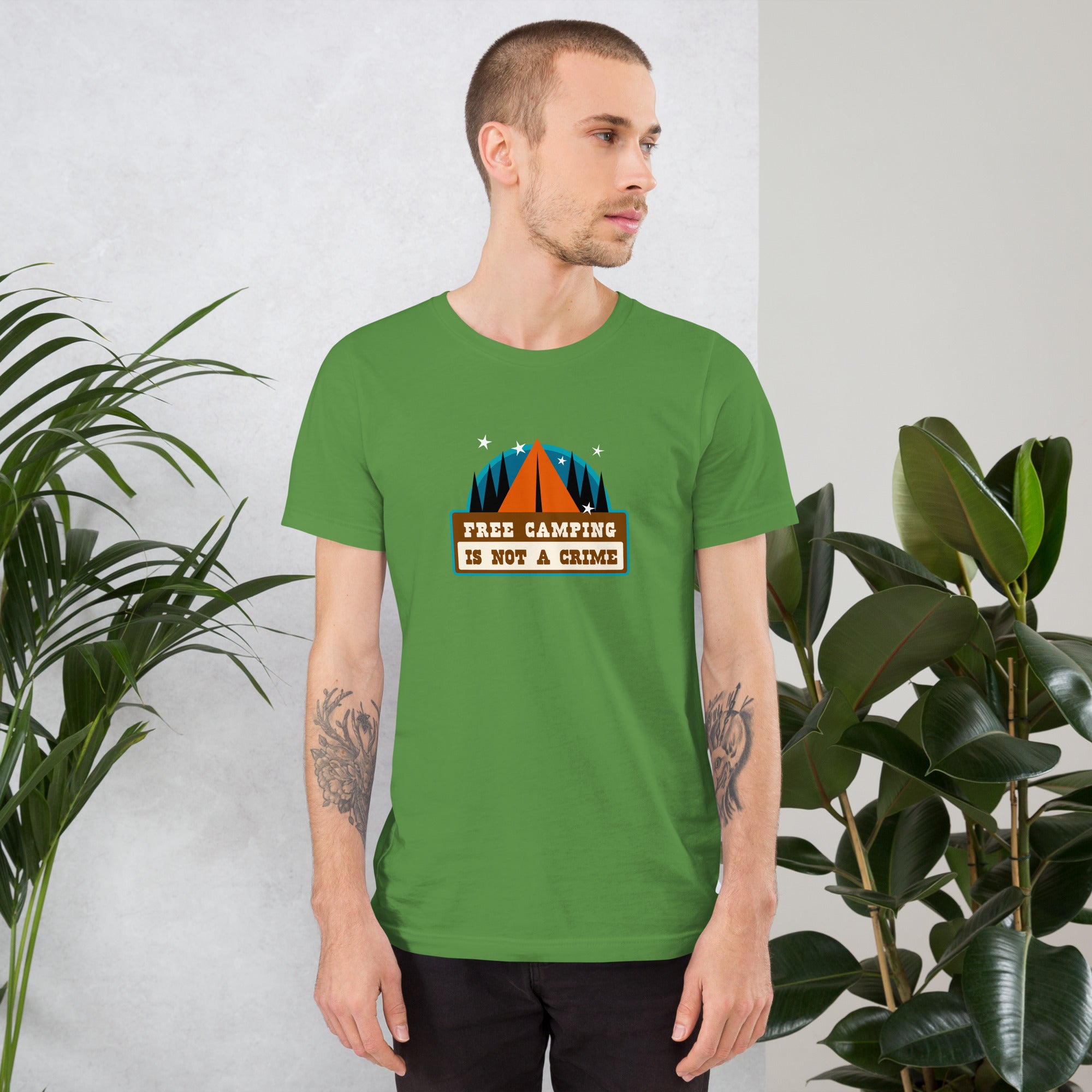 Unisex cotton t-shirt Free Camping is not a Crime on greens