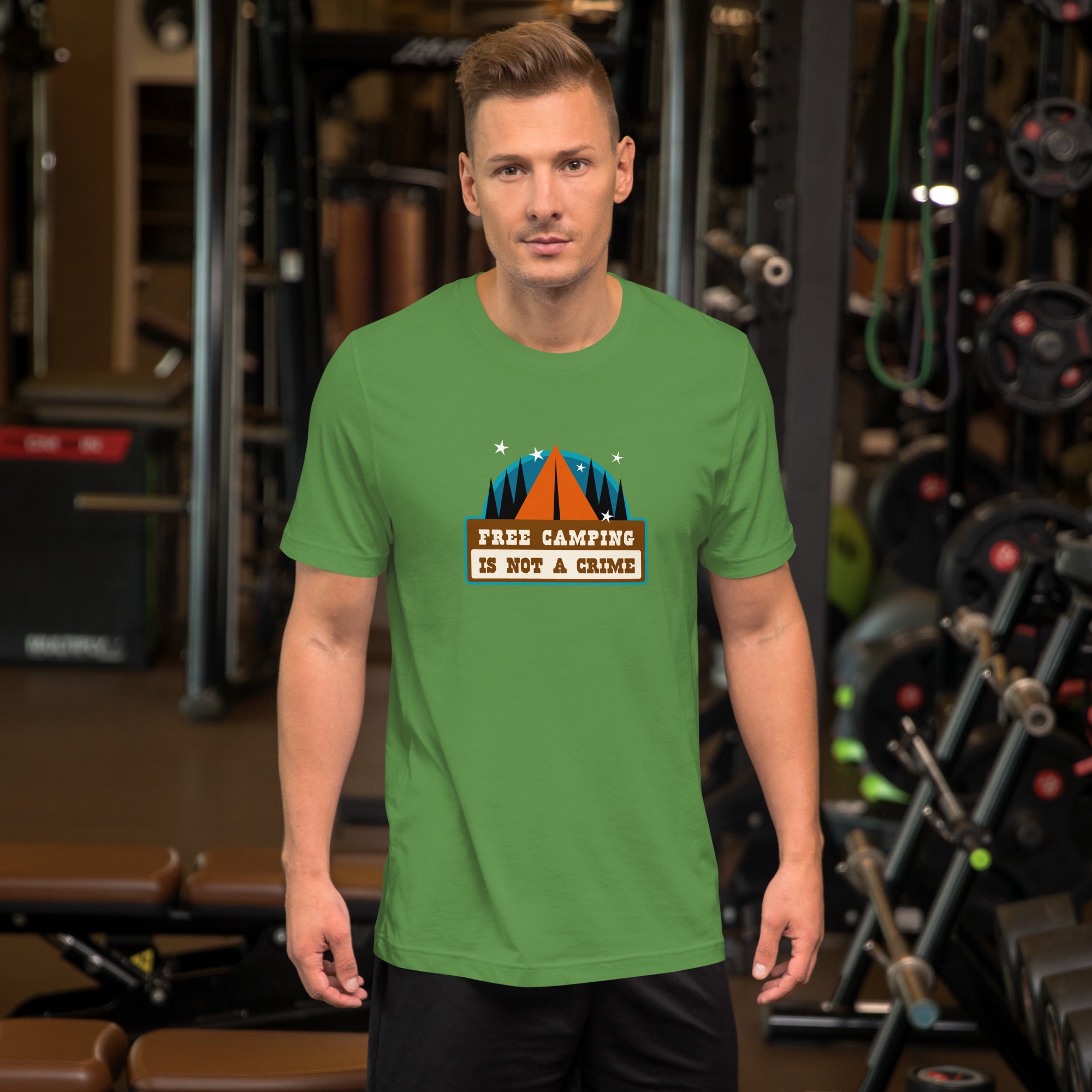 Unisex cotton t-shirt Free Camping is not a Crime on greens