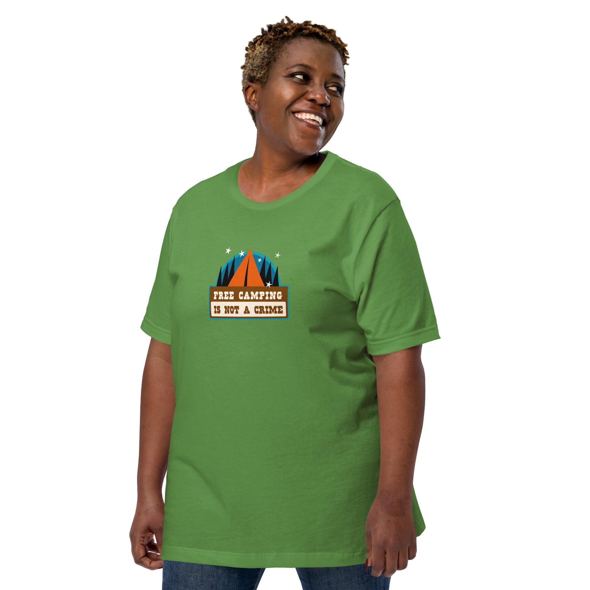 Unisex cotton t-shirt Free Camping is not a Crime on greens