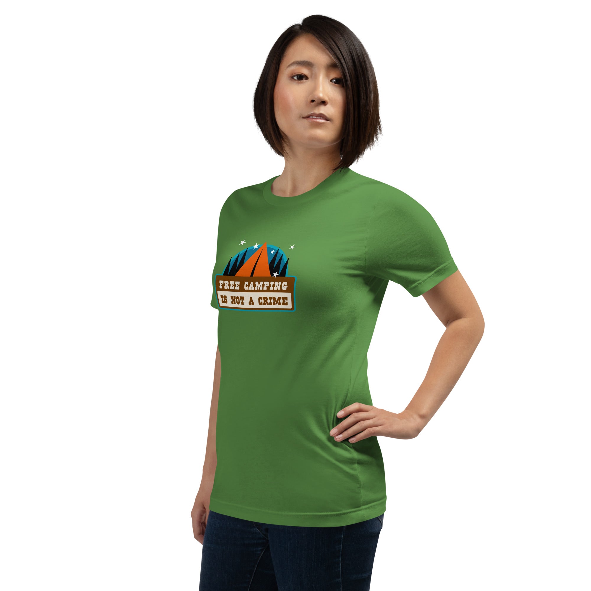 Unisex cotton t-shirt Free Camping is not a Crime on greens