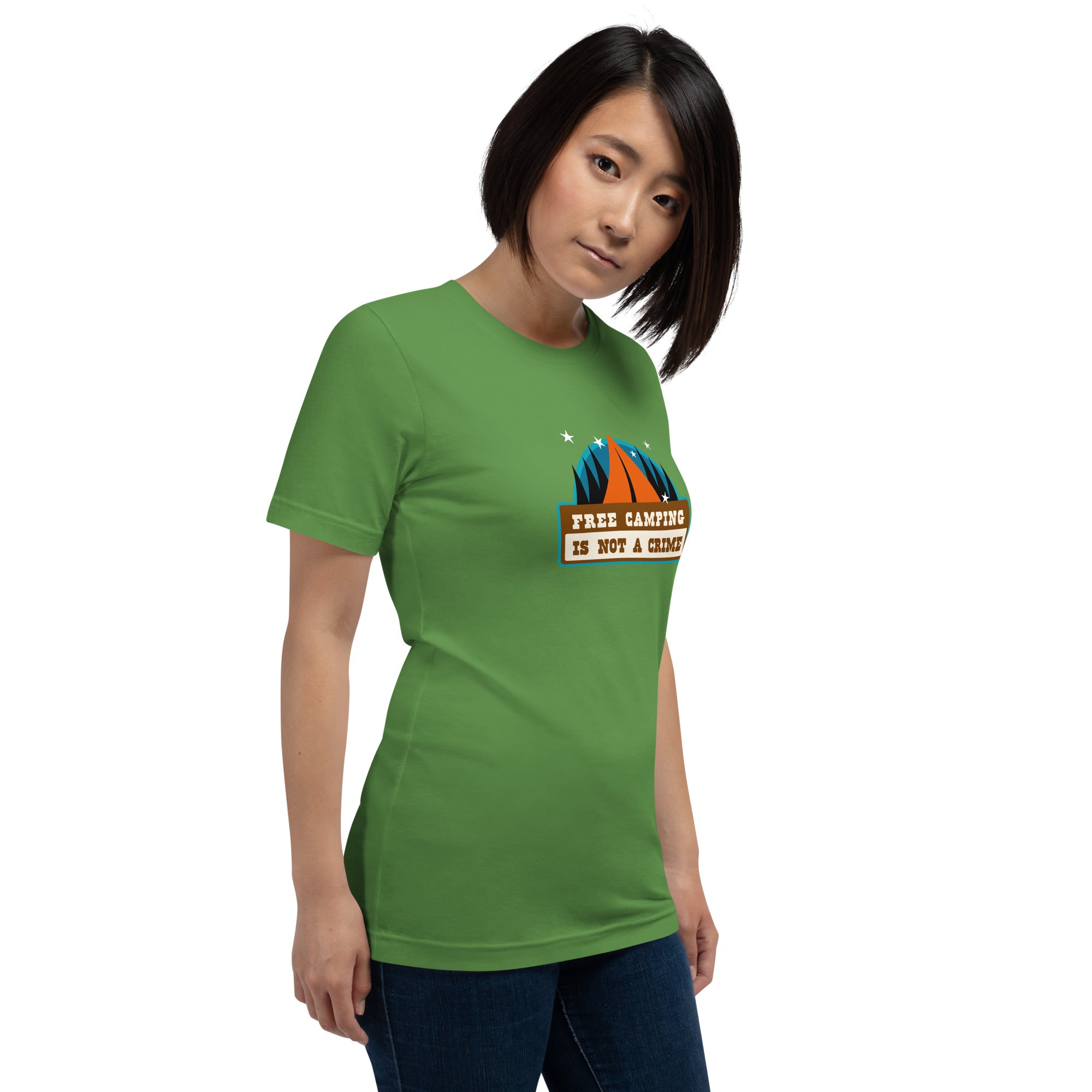 Unisex cotton t-shirt Free Camping is not a Crime on greens