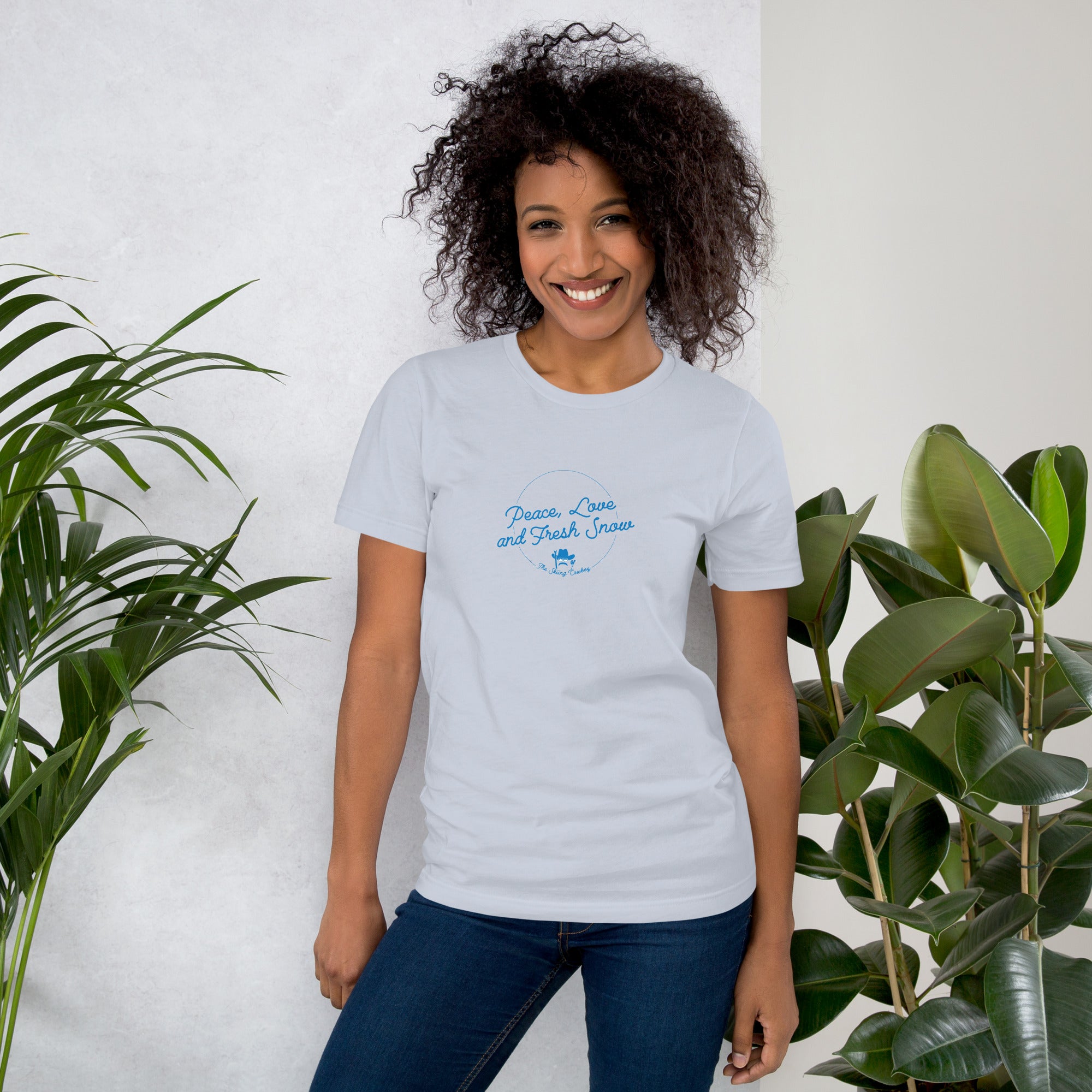 T-shirt en coton unisexe Peace, Love and Fresh Snow sur couleurs claires