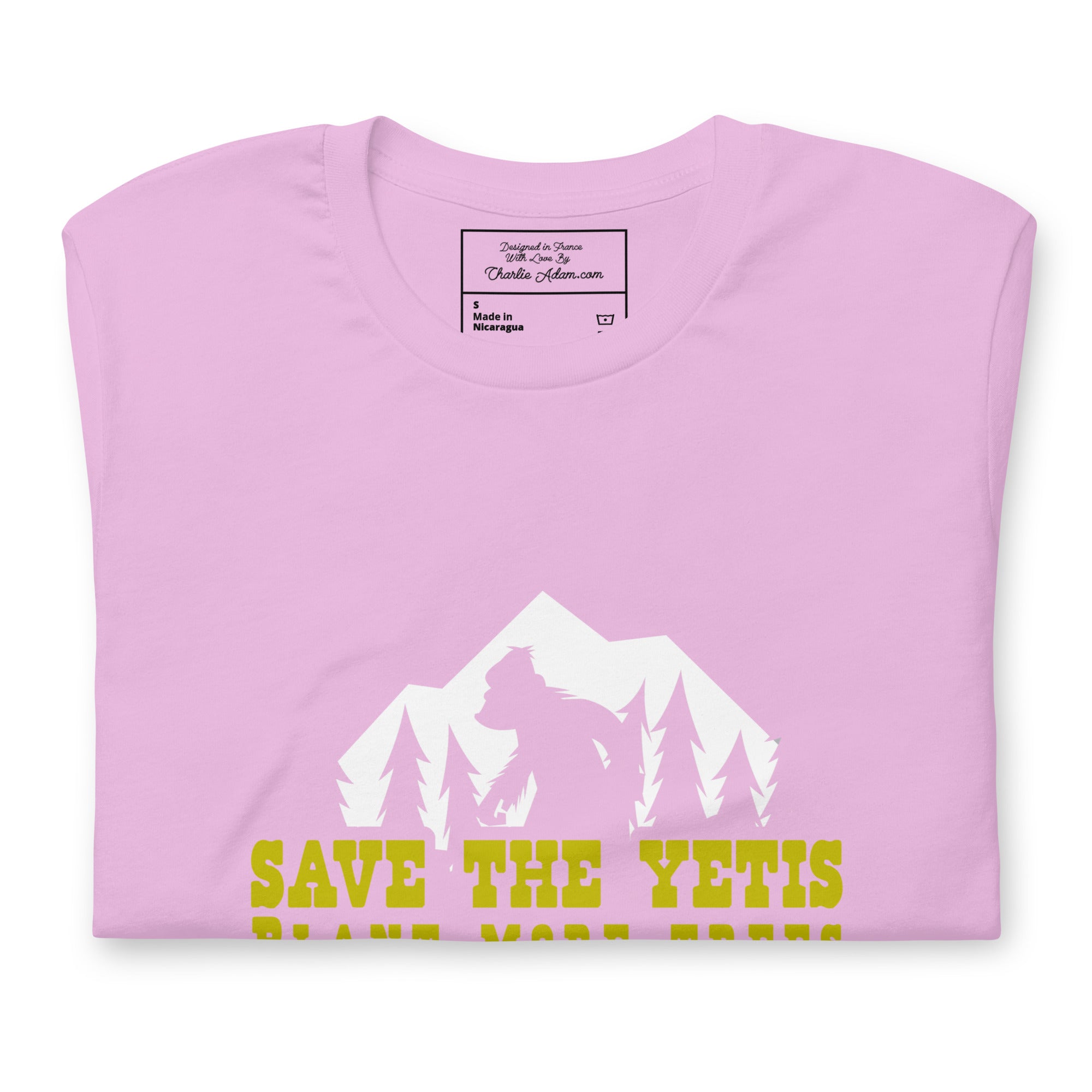 T-shirt en coton unisexe Save the Yetis Plant more Trees sur couleurs vives (face & dos)