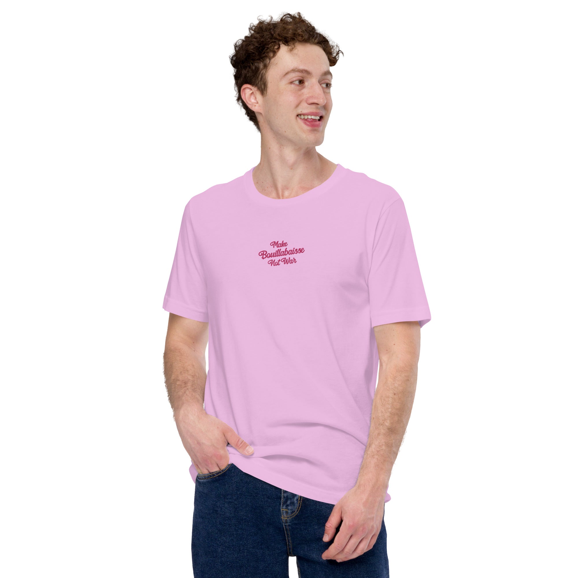 T-shirt en coton unisexe Make Bouillabaisse Not War Text Only brodé flamingo sur couleurs claires