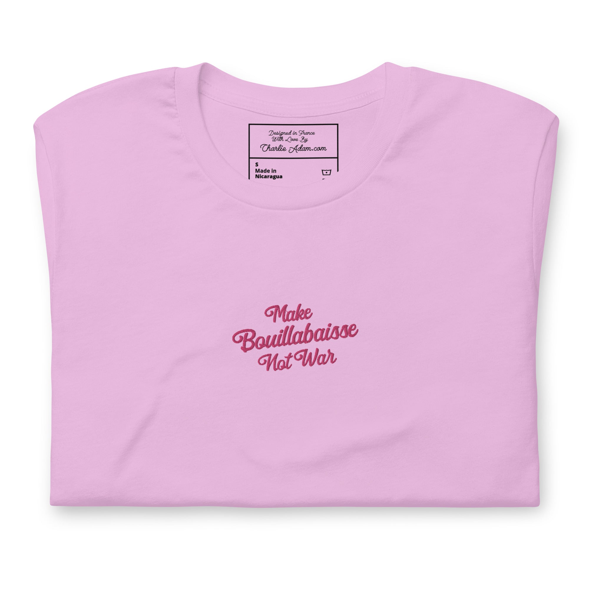 Unisex t-shirt Make Bouillabaisse Not War Text Only flamingo embroidered pattern on light colors