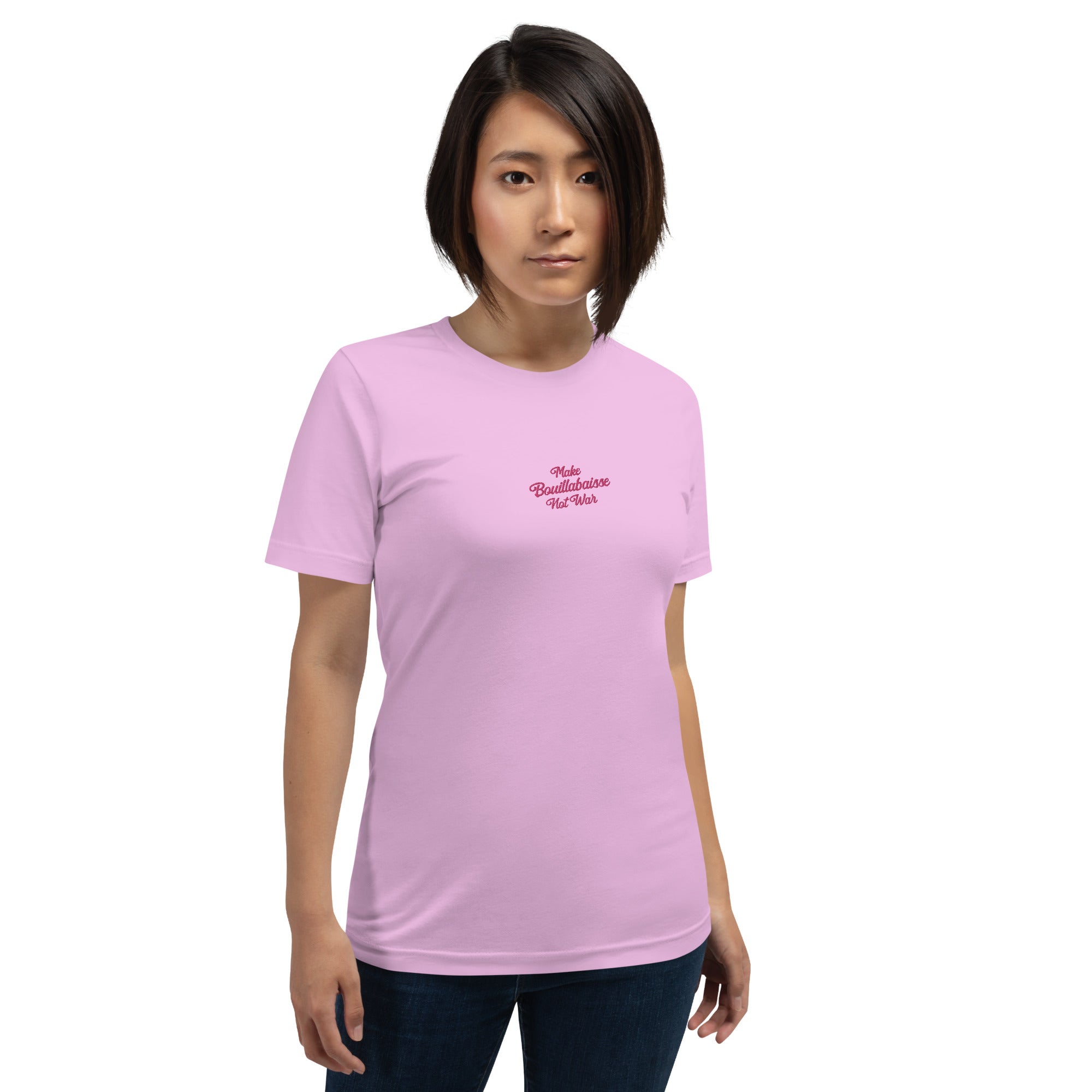 Unisex t-shirt Make Bouillabaisse Not War Text Only flamingo embroidered pattern on light colors