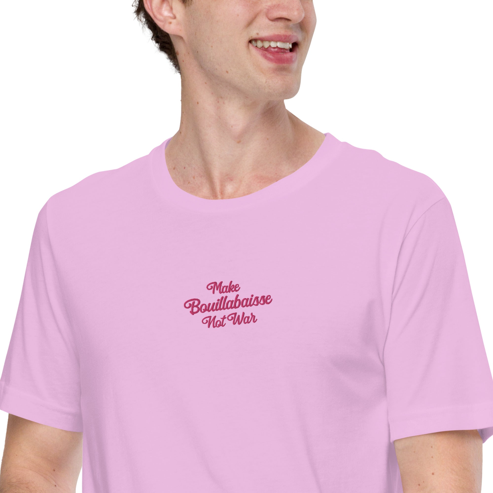 Unisex t-shirt Make Bouillabaisse Not War Text Only flamingo embroidered pattern on light colors