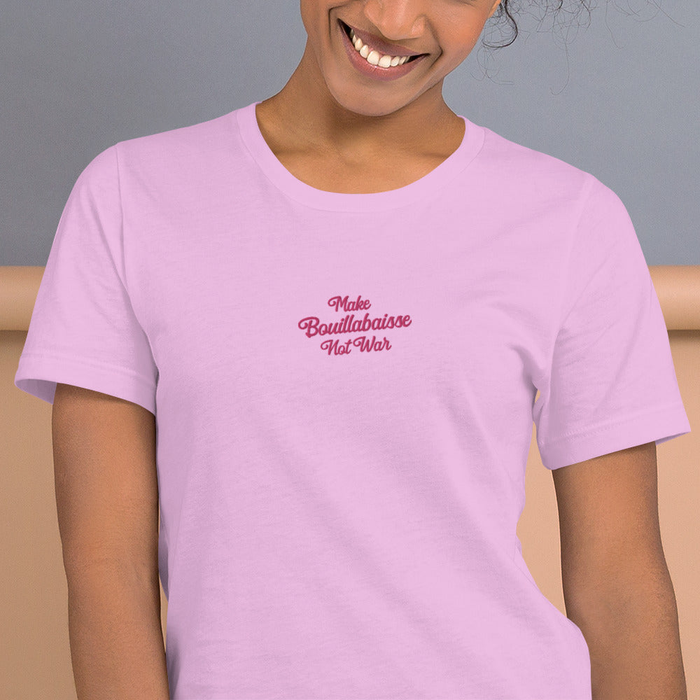 Unisex t-shirt Make Bouillabaisse Not War Text Only flamingo embroidered pattern on light colors