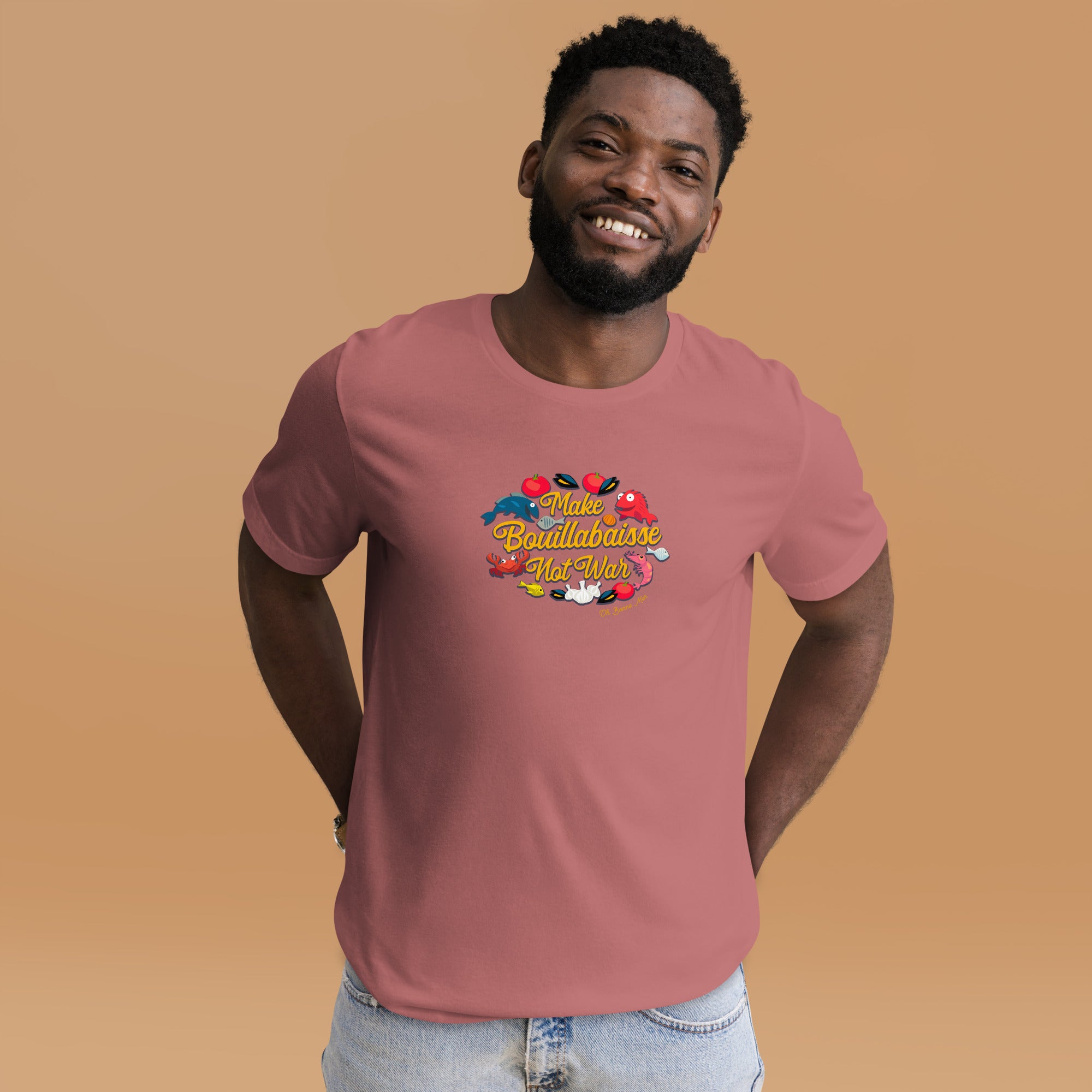 T-shirt en coton unisexe Make Bouillabaisse Not War sur couleurs vives