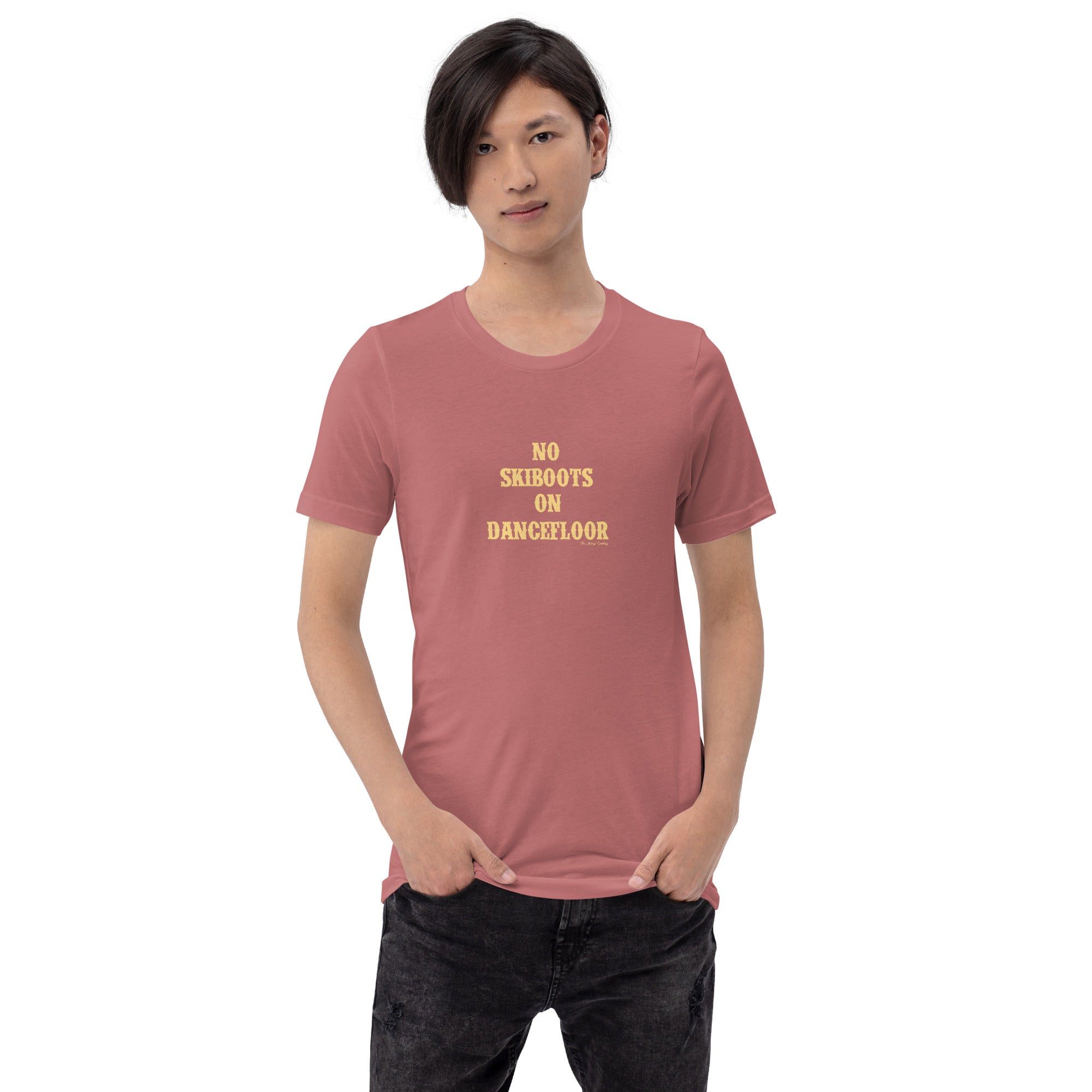 Unisex t-shirt No Skiboots on Dancefloor on bright colors