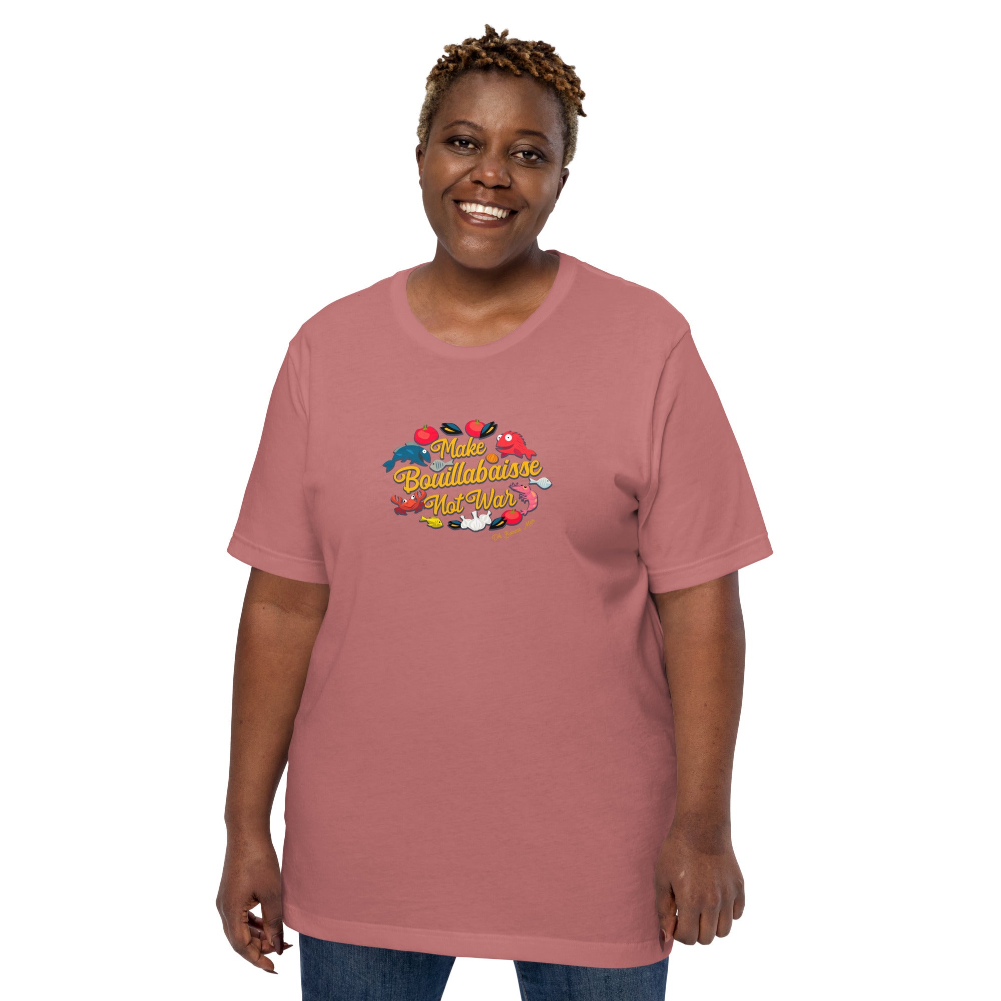 T-shirt en coton unisexe Make Bouillabaisse Not War sur couleurs vives