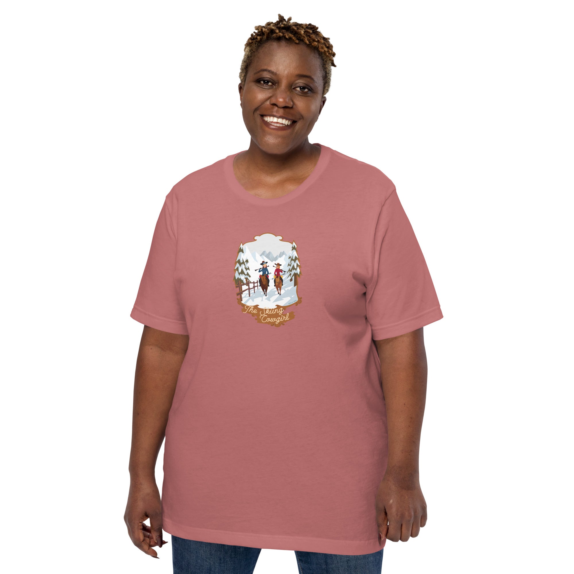 Unisex cotton t-shirt The Skiing Cowgirl on bright colors