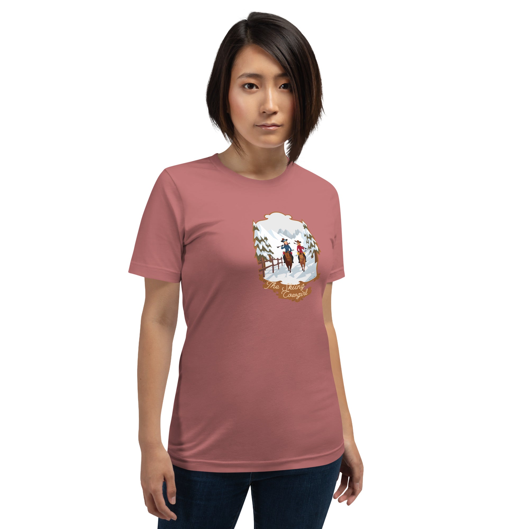 Unisex cotton t-shirt The Skiing Cowgirl on bright colors